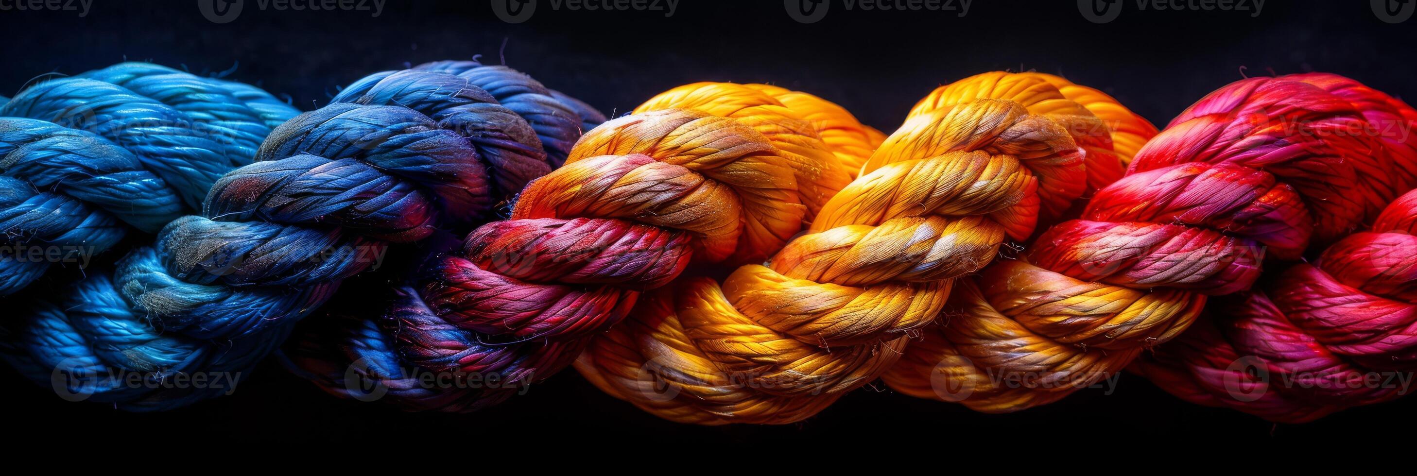 Vibrant braided rope with red, yellow, and blue strands on dark background, showcasing artistic colorful design photo