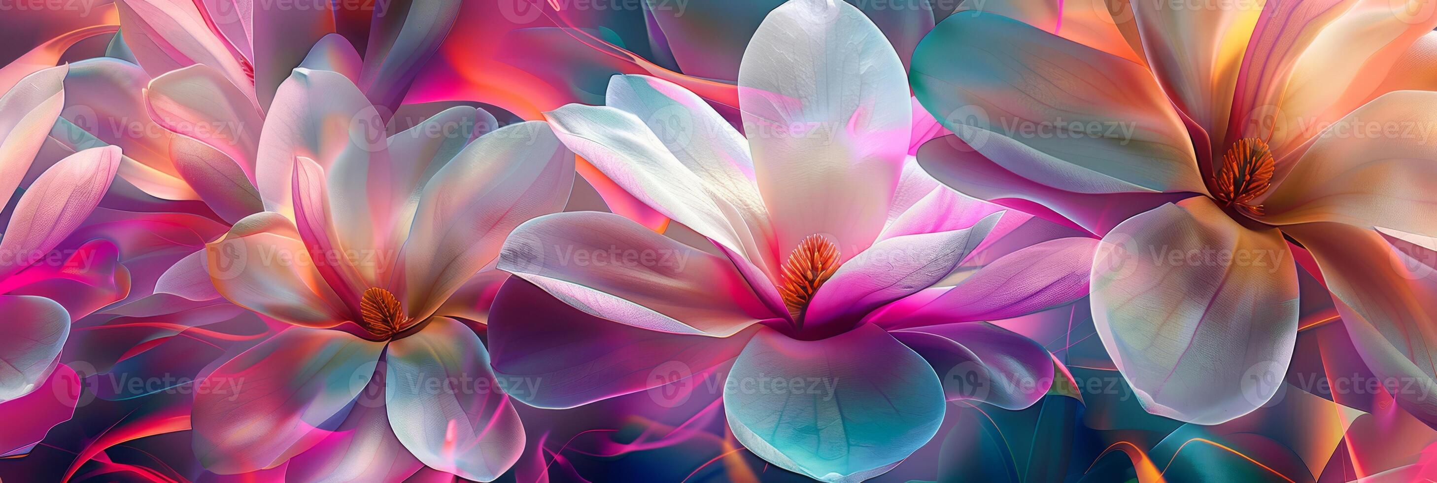 The floral background is vibrant and multicolored, with surreal petals in vivid hues, creating a beautiful design photo