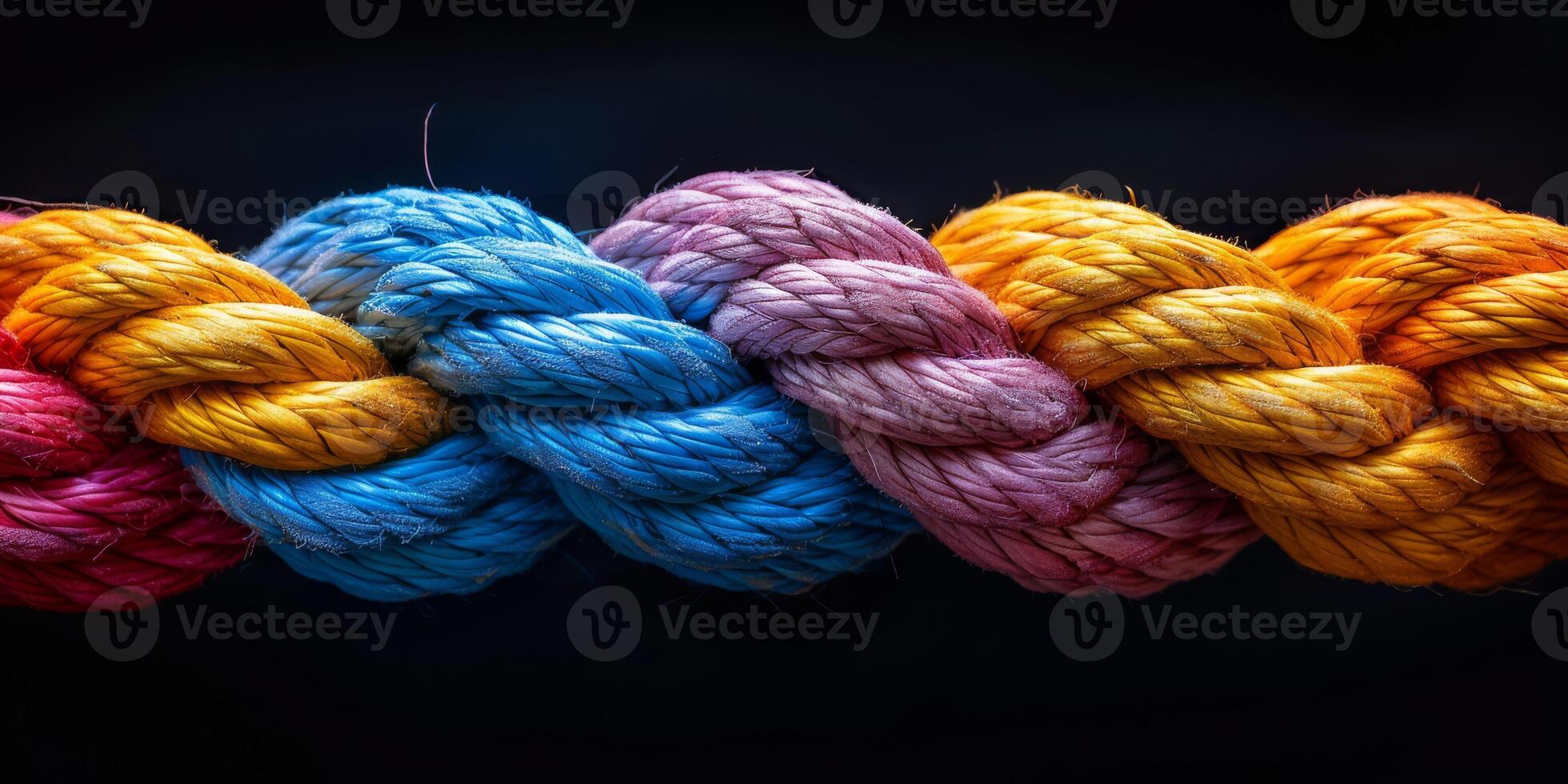 Vibrant braided rope with red, yellow, and blue strands on dark background, showcasing artistic colorful design photo