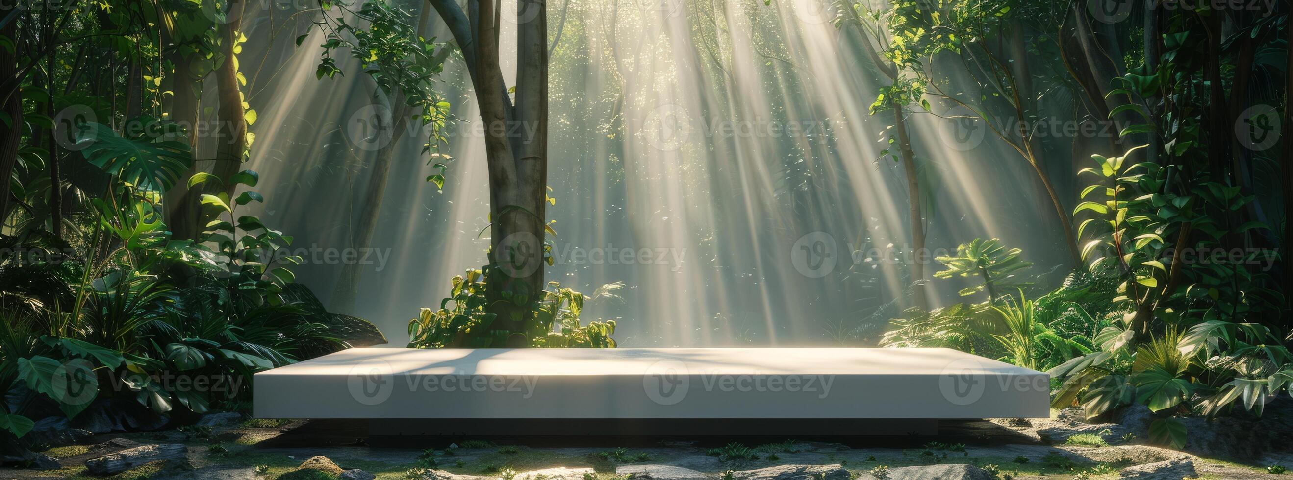 Picture a tranquil forest with sunlight filtering through green canopy, illuminating a sleek podium in lush foliage. A peaceful and enchanting scene in natures pristine wilderness photo