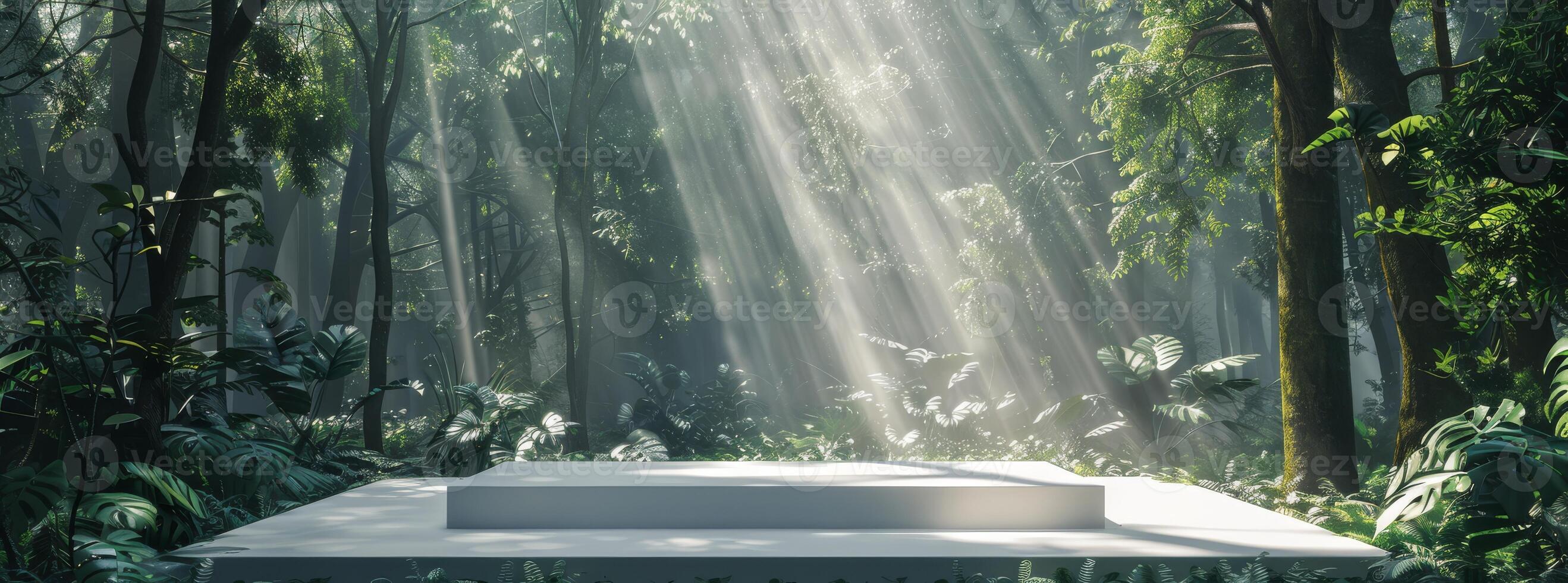 Picture a tranquil forest with sunlight filtering through green canopy, illuminating a sleek podium in lush foliage. A peaceful and enchanting scene in natures pristine wilderness photo