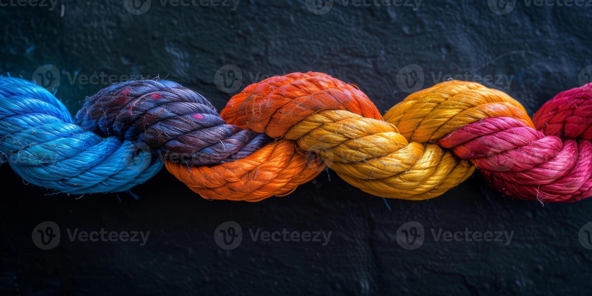 Vibrant braided rope with red, yellow, and blue strands on dark background, showcasing artistic colorful design photo