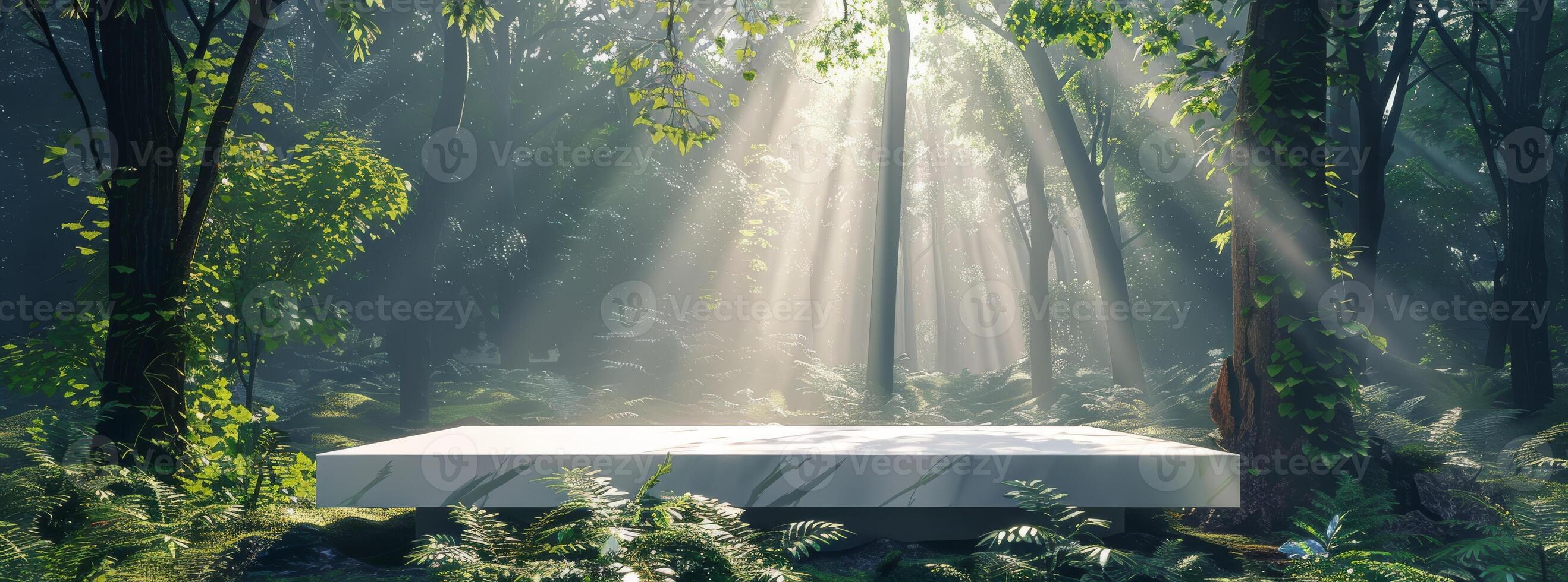 Picture a tranquil forest with sunlight filtering through green canopy, illuminating a sleek podium in lush foliage. A peaceful and enchanting scene in natures pristine wilderness photo