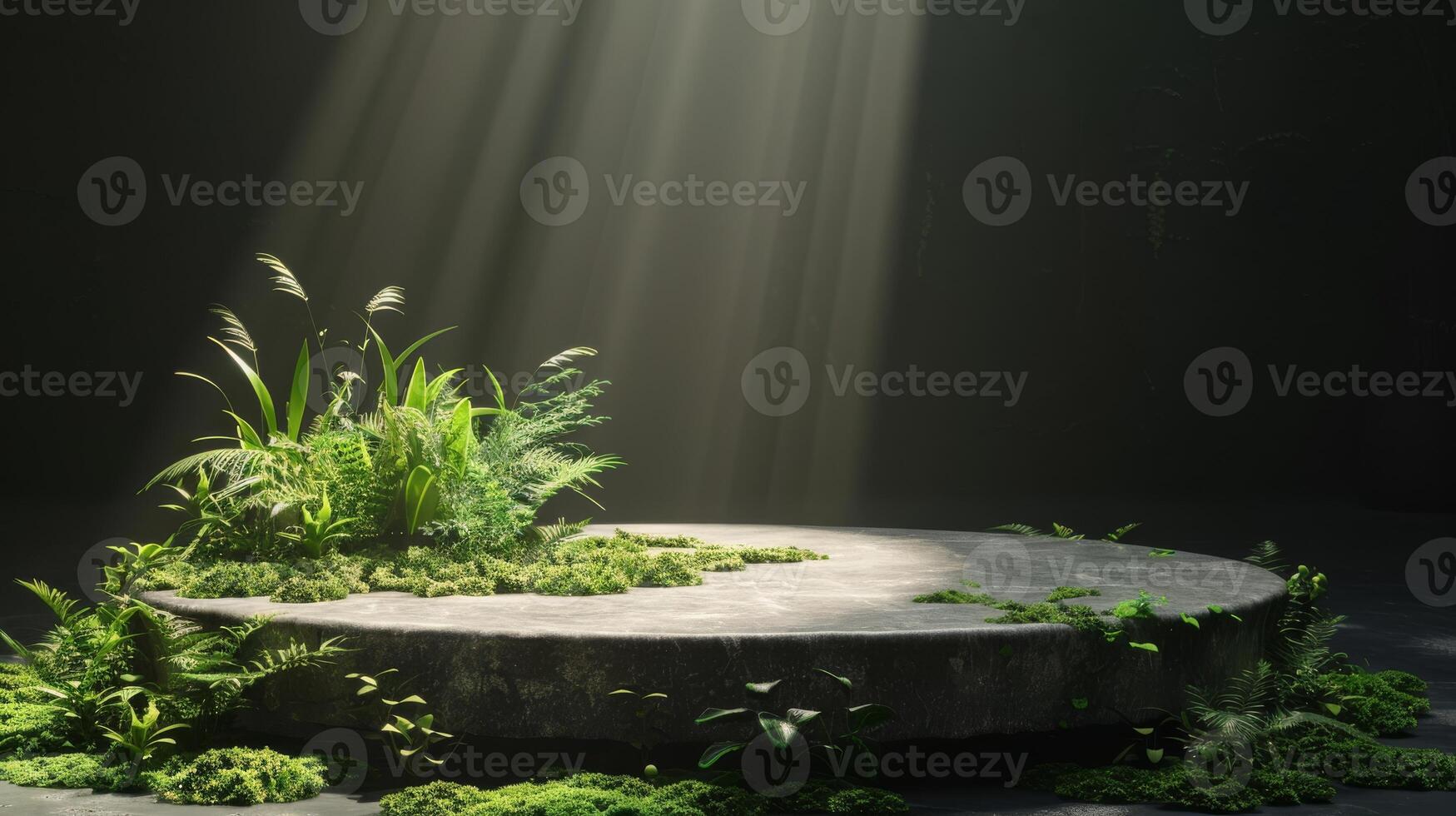 An elegant outdoor display takes place on a concrete platform surrounded by lush vegetation and mist. Perfect for showcasing art and photography, this tranquil setting is both scenic and peaceful photo