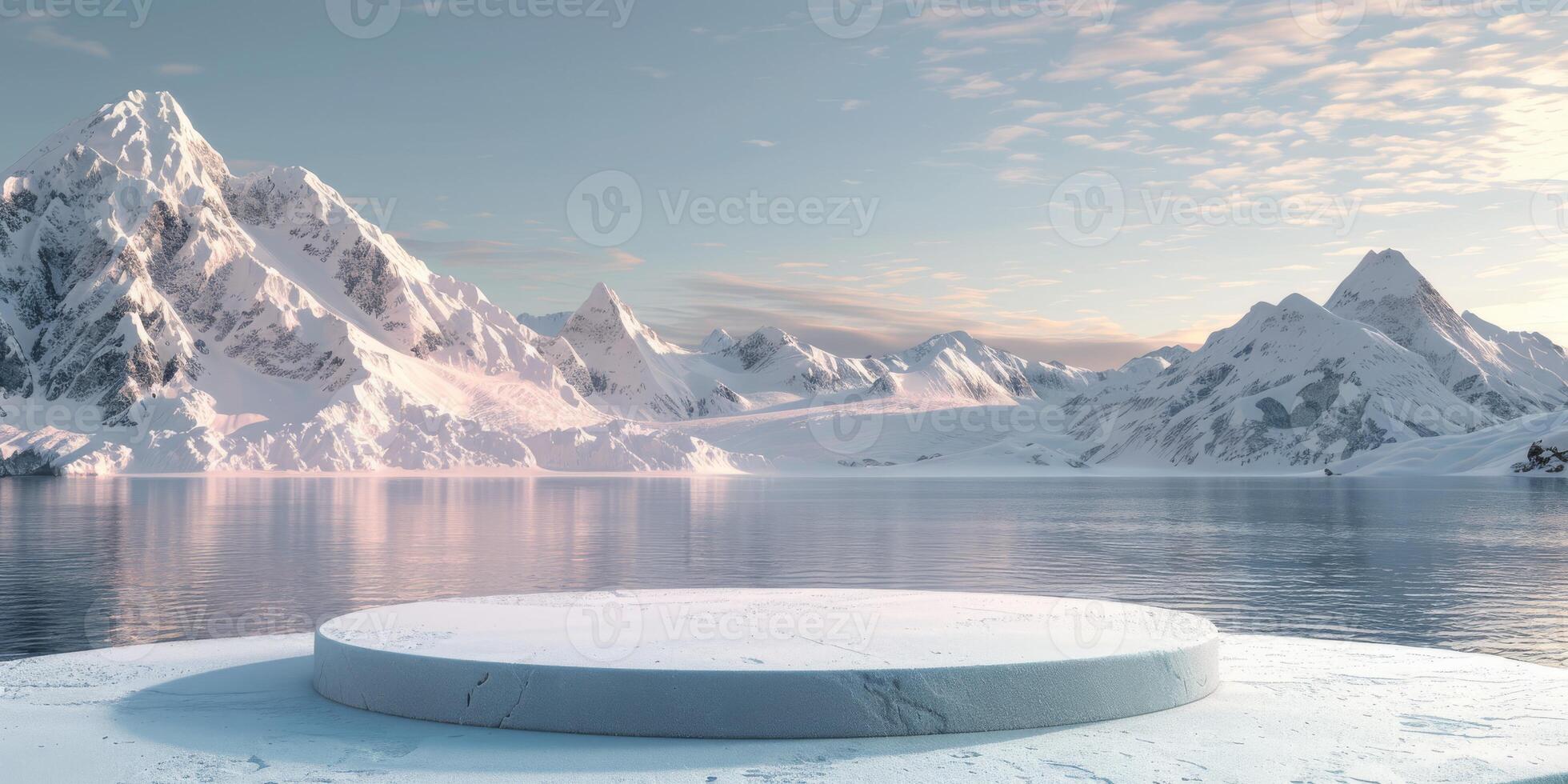 3D podium display on water. Ocean view with ice mountain background. Cosmetic beauty product promotion Nature mock up banner 3D render. High quality photo