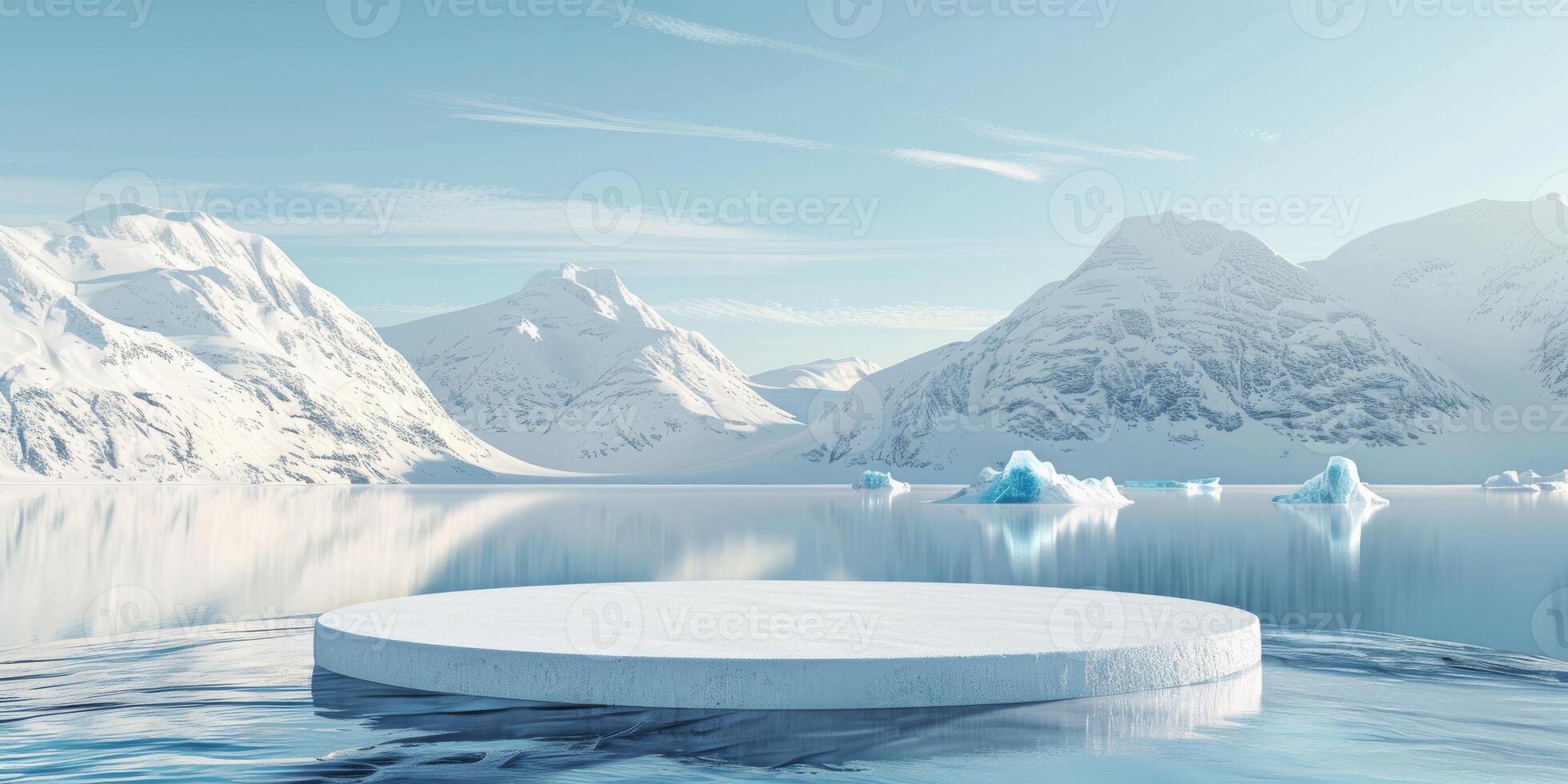 3D podium display on water. Ocean view with ice mountain background. Cosmetic beauty product promotion Nature mock up banner 3D render. High quality photo