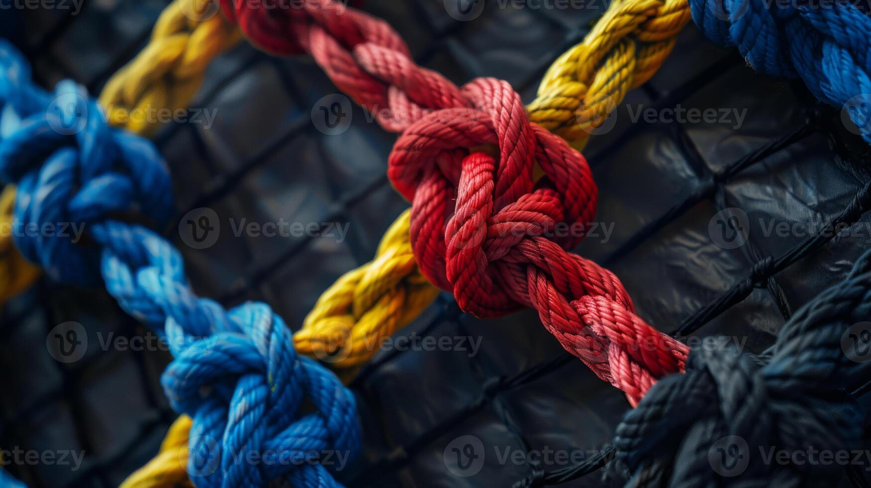 Vibrant close-up of intertwined red, blue, yellow ropes in a net structure, showing texture and detail. photo