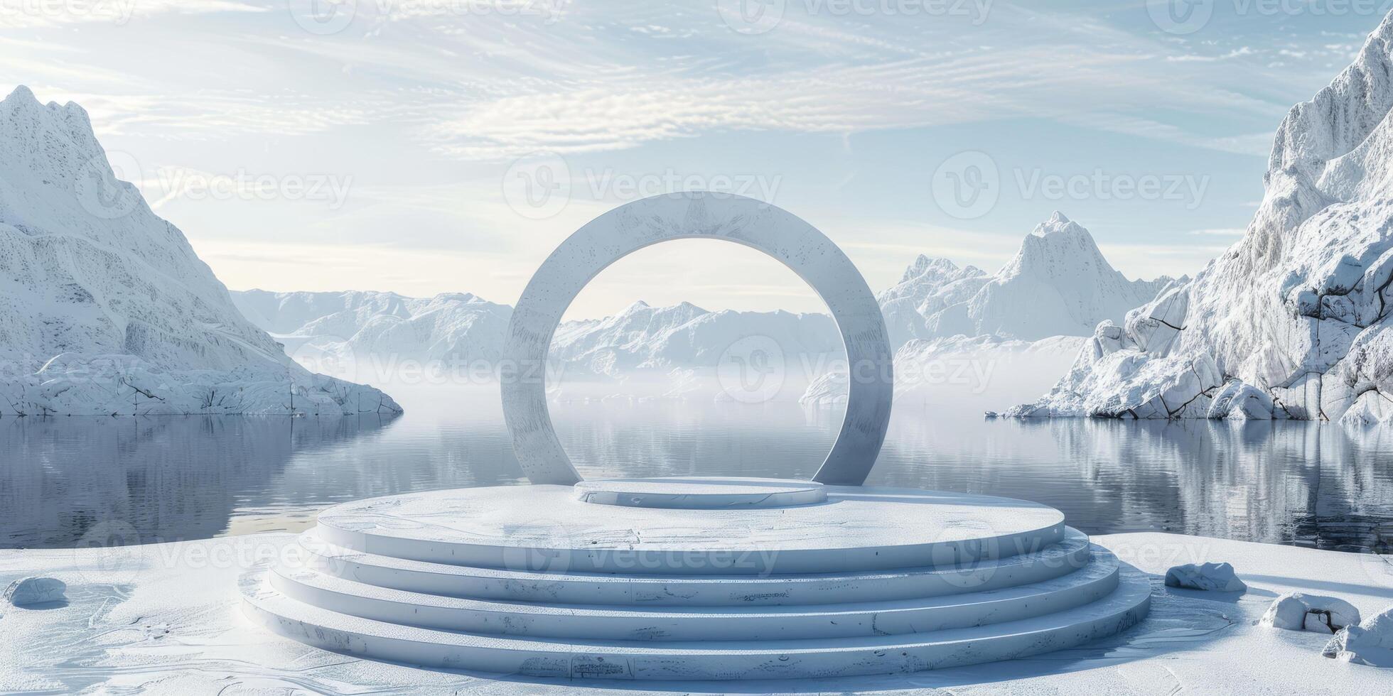 3D podium display on water. Ocean view with ice mountain background. Cosmetic beauty product promotion Nature mock up banner 3D render. High quality photo