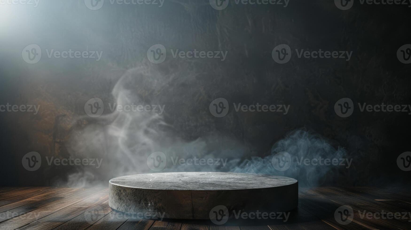 A mystical stone podium in dramatic light against a dark, smoky background, creating a mysterious scene photo