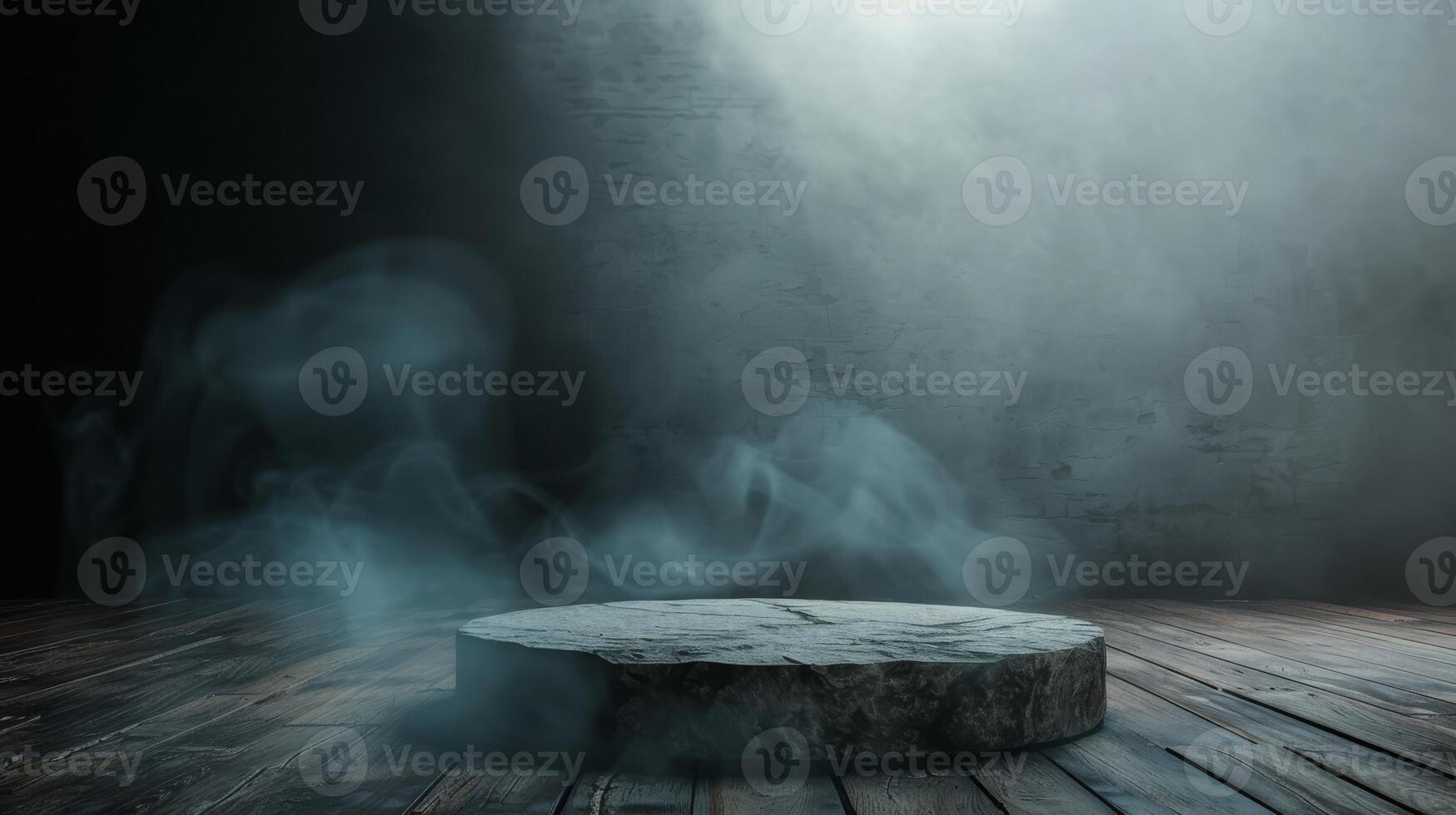 A mystical stone podium in dramatic light against a dark, smoky background, creating a mysterious scene photo
