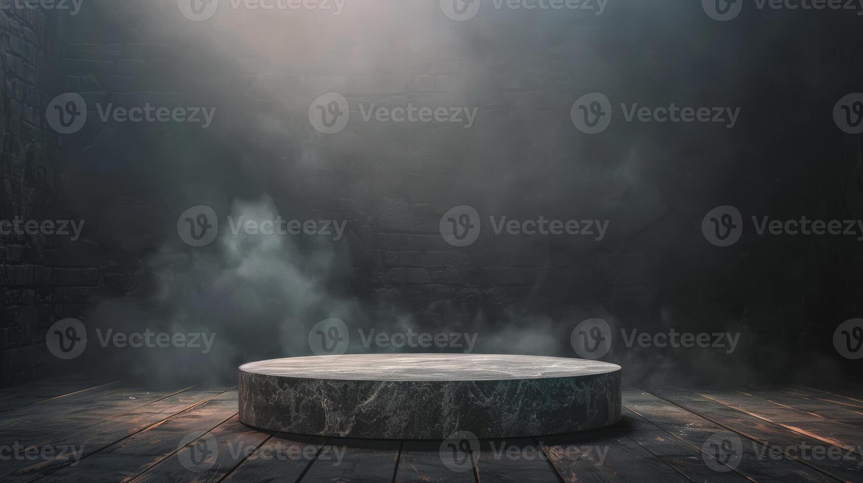 A mystical stone podium in dramatic light against a dark, smoky background, creating a mysterious scene photo