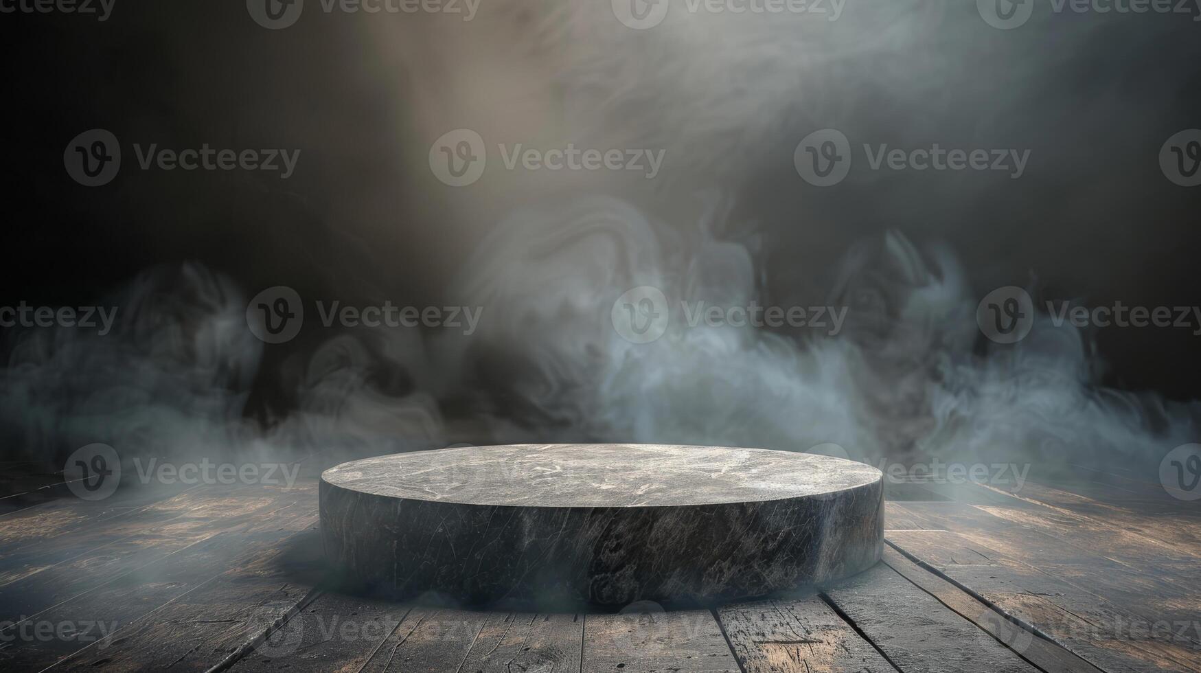 A mystical stone podium in dramatic light against a dark, smoky background, creating a mysterious scene photo