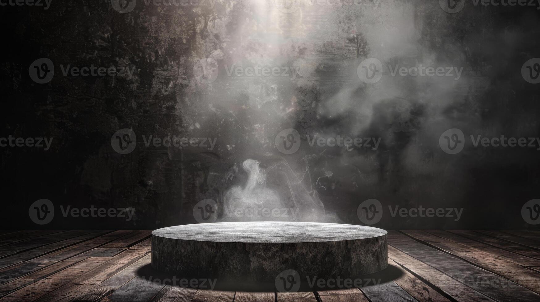 A mystical stone podium in dramatic light against a dark, smoky background, creating a mysterious scene photo