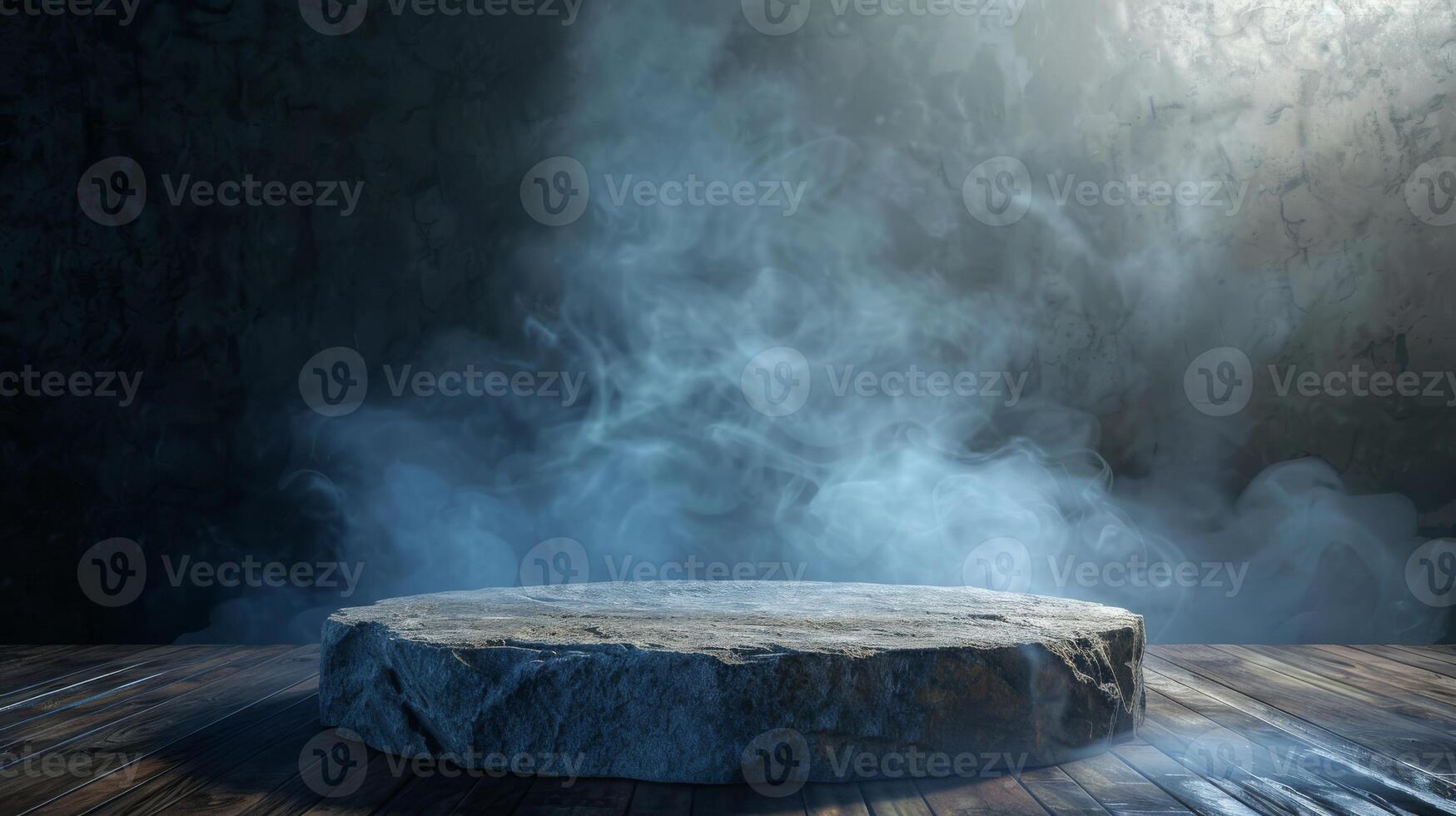 A mystical stone podium in dramatic light against a dark, smoky background, creating a mysterious scene photo