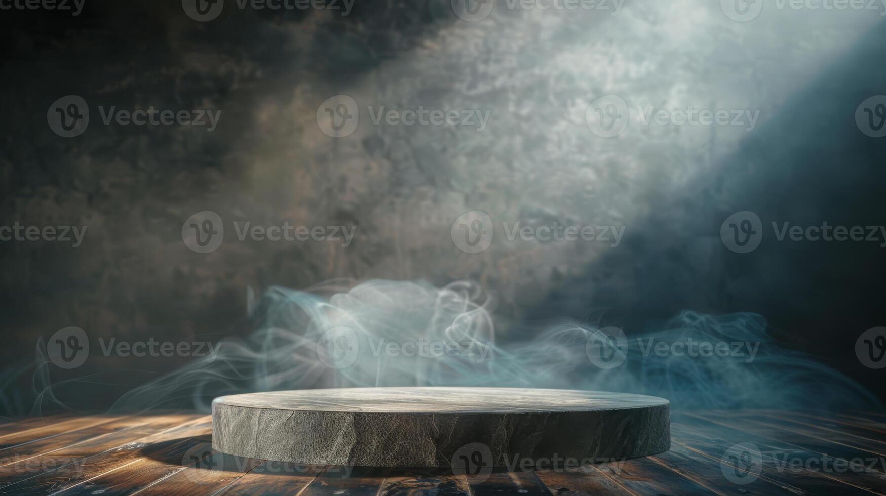 A mystical stone podium in dramatic light against a dark, smoky background, creating a mysterious scene photo
