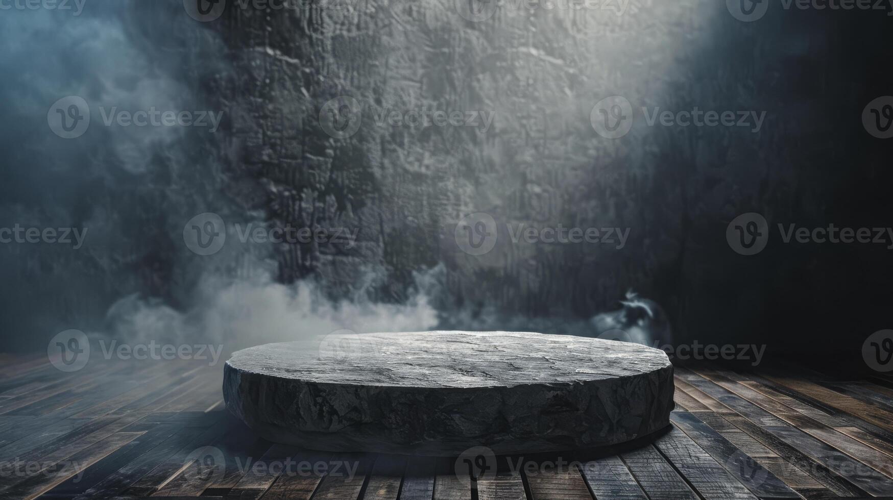 A mystical stone podium in dramatic light against a dark, smoky background, creating a mysterious scene photo