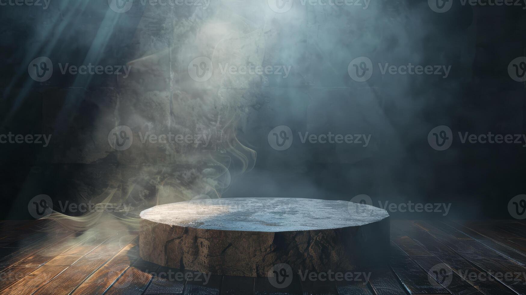 A mystical stone podium in dramatic light against a dark, smoky background, creating a mysterious scene photo