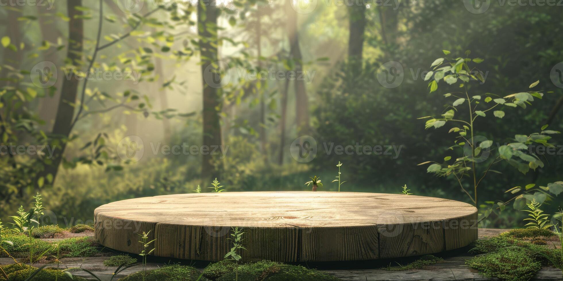 Wood tabletop podium floor in outdoors tropical garden forest blurred green leaf plant nature background.Natural product placement pedestal stand display,jungle paradise concept. High quality photo