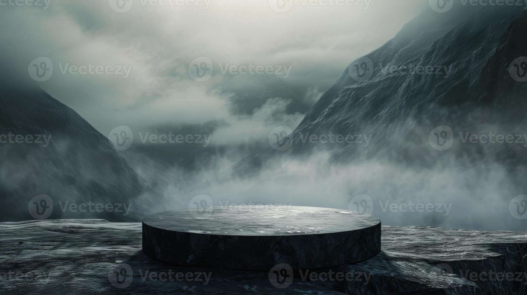 Surreal stone table top podium outdoors misty mountain black light nature background. cosmetic product placement pedestal present minimal display, paradise dreamy concept. High quality photo