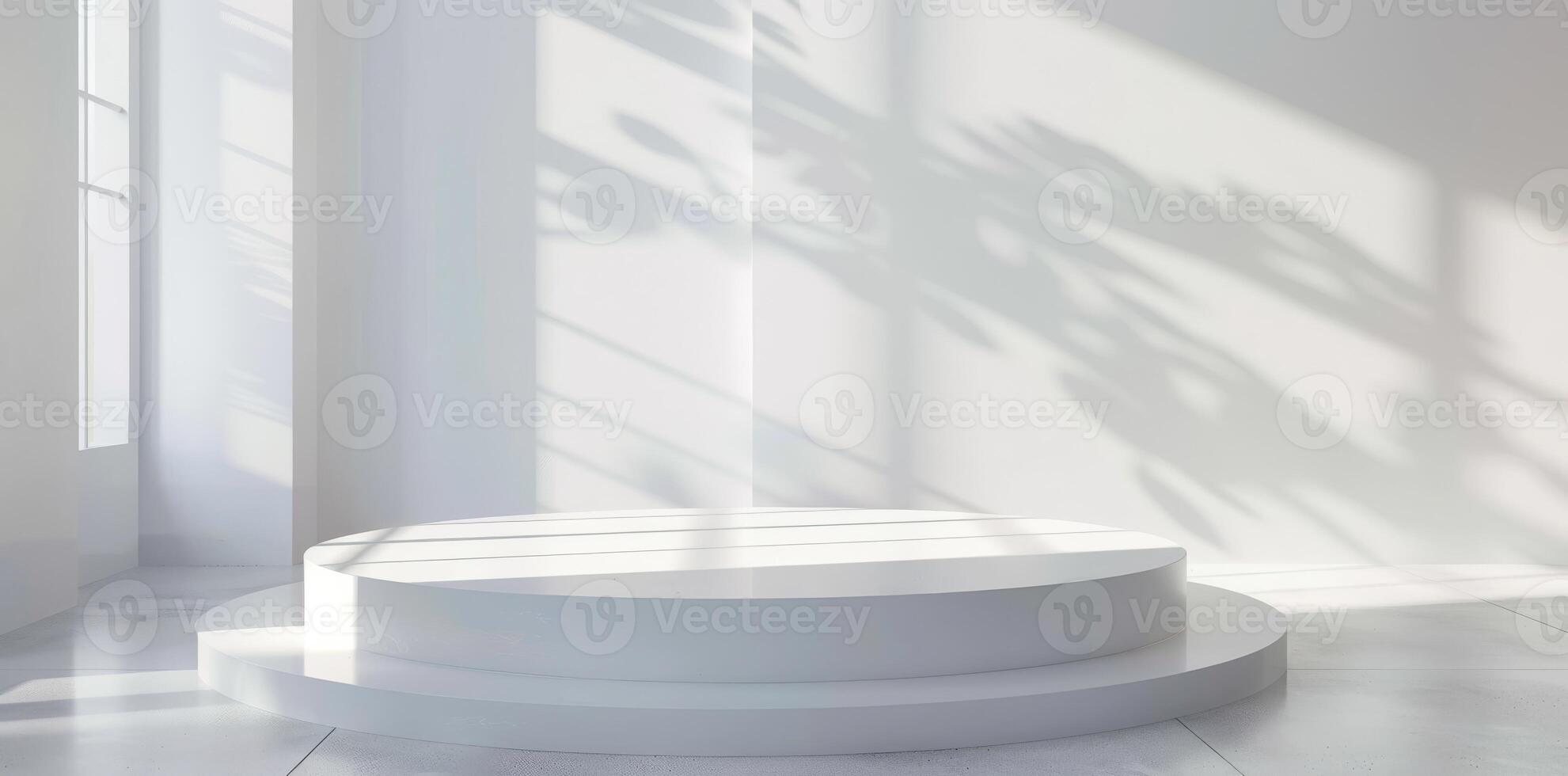 Sunlit white room with minimalist design, an empty podium casts shadow patterns for an artistic and tranquil ambiance photo