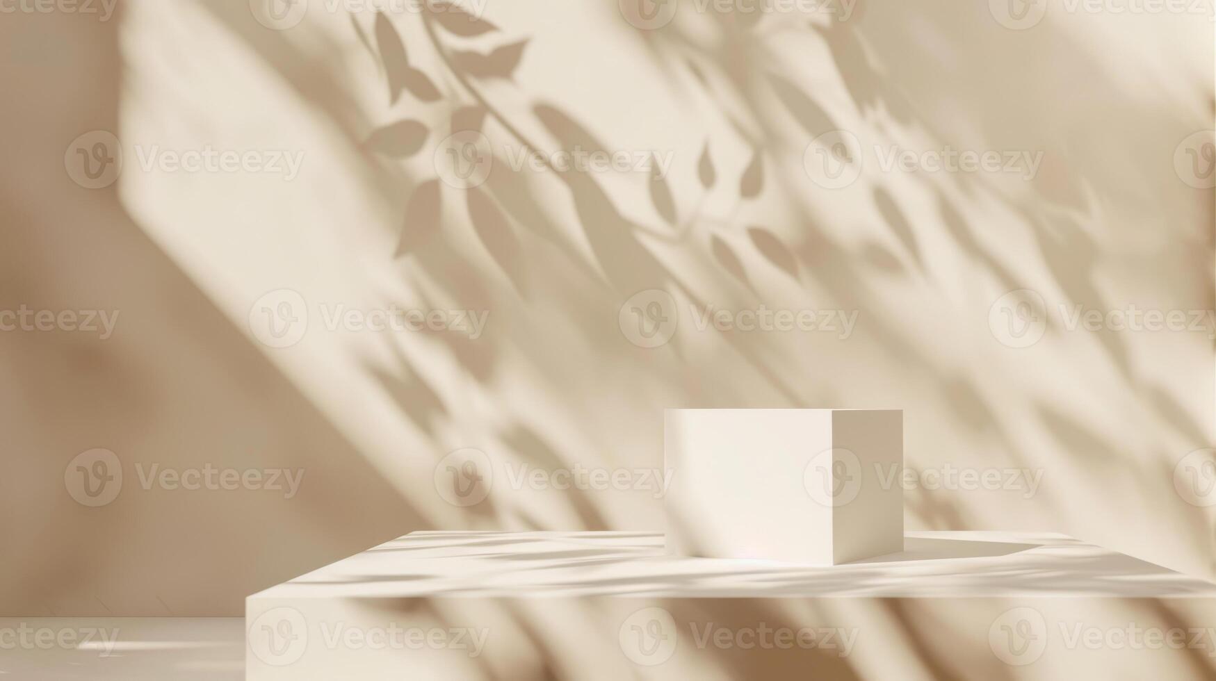 This is an abstract minimalist setting featuring a cube, a play of light, and shadows of leaves on a neutral backdrop photo