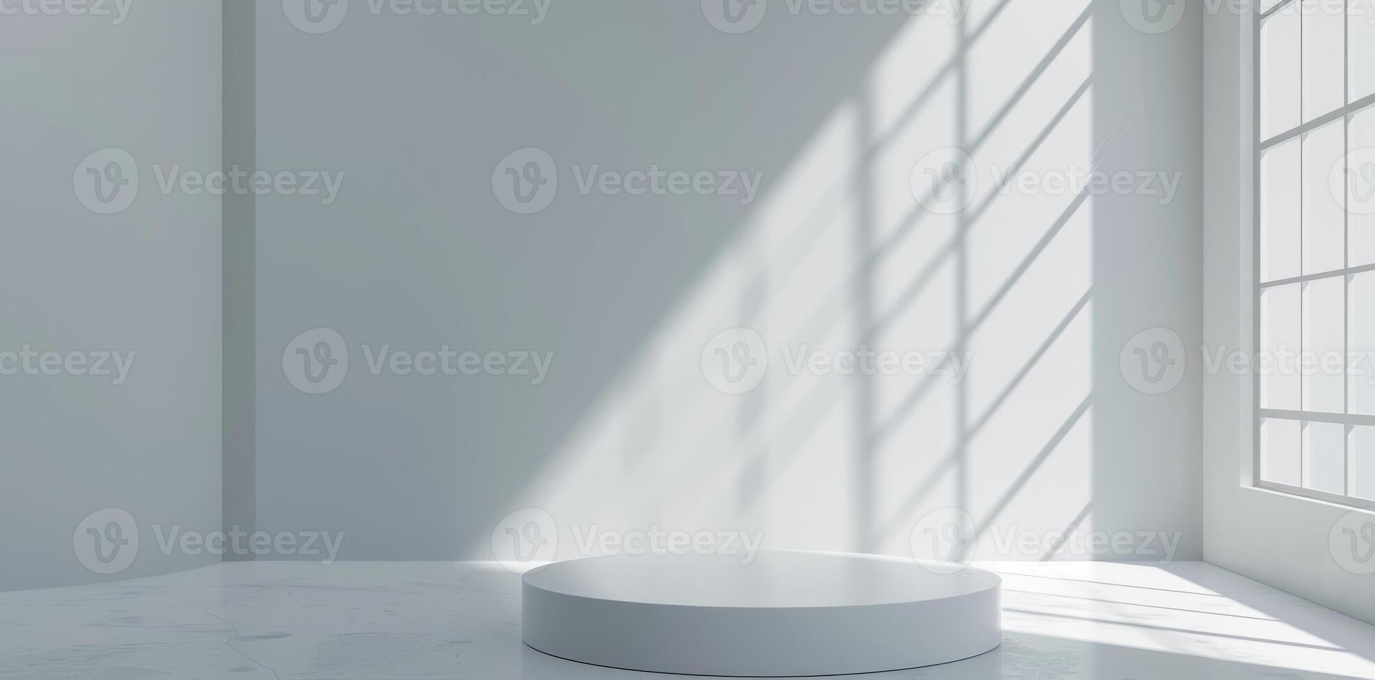 Sunlit white room with minimalist design, an empty podium casts shadow patterns for an artistic and tranquil ambiance photo