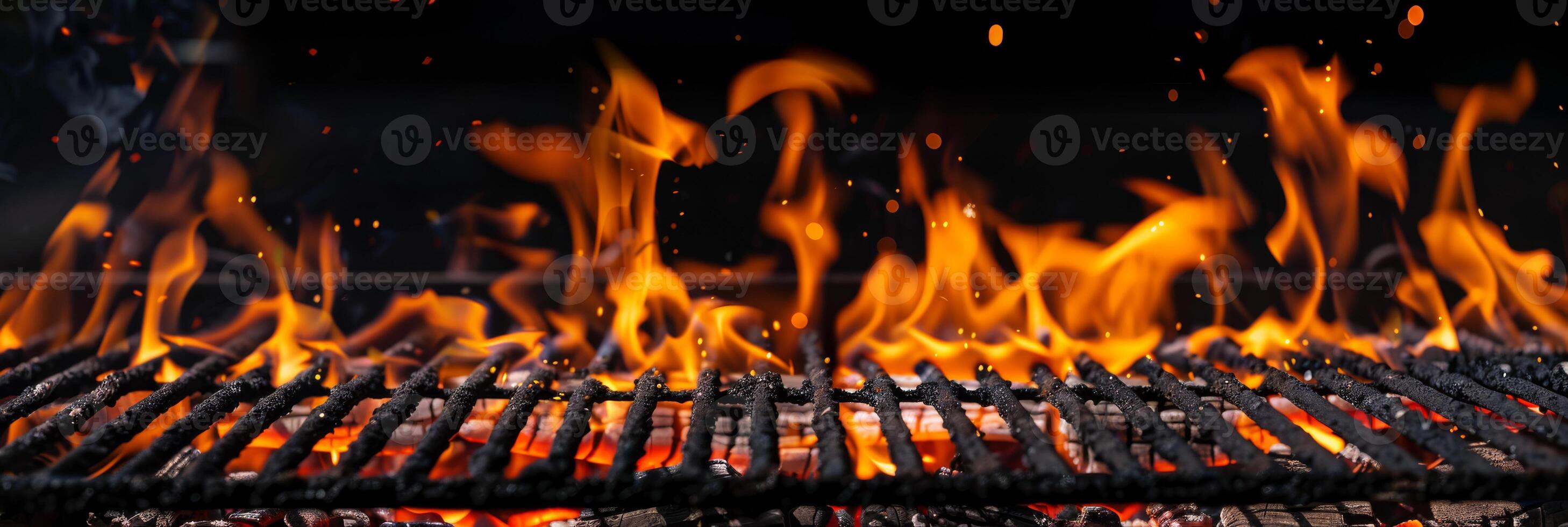 Closeup of hot barbecue grill with flames and coals, ideal for summer parties and outdoor gatherings photo