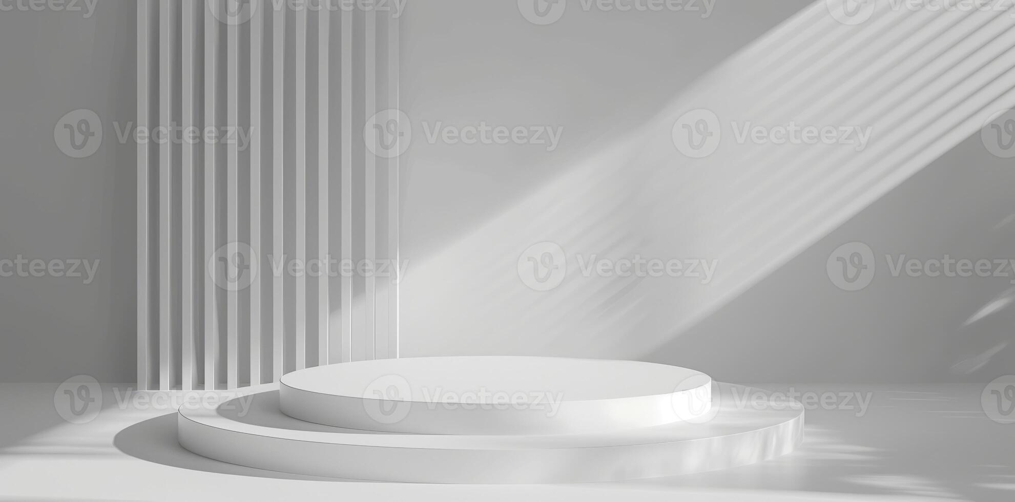 Sunlit white room with minimalist design, an empty podium casts shadow patterns for an artistic and tranquil ambiance photo