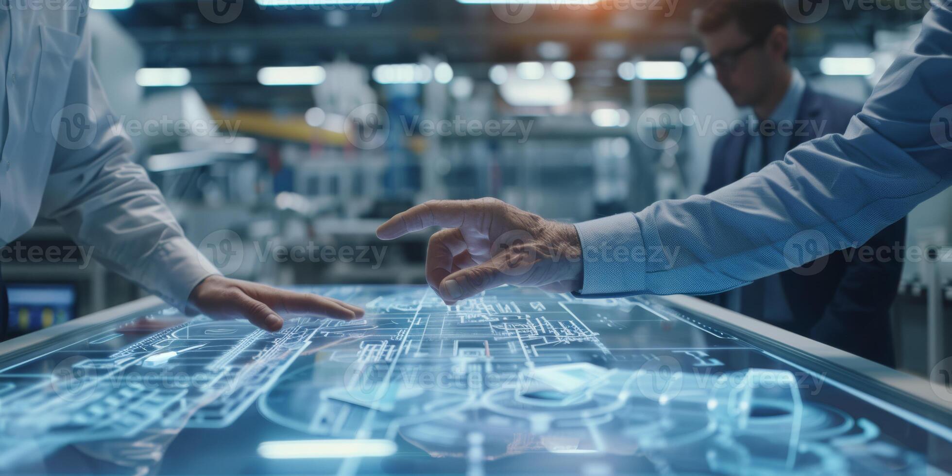 Engineers using advanced holographic touch screen technology in a modern high-tech laboratory setting. photo