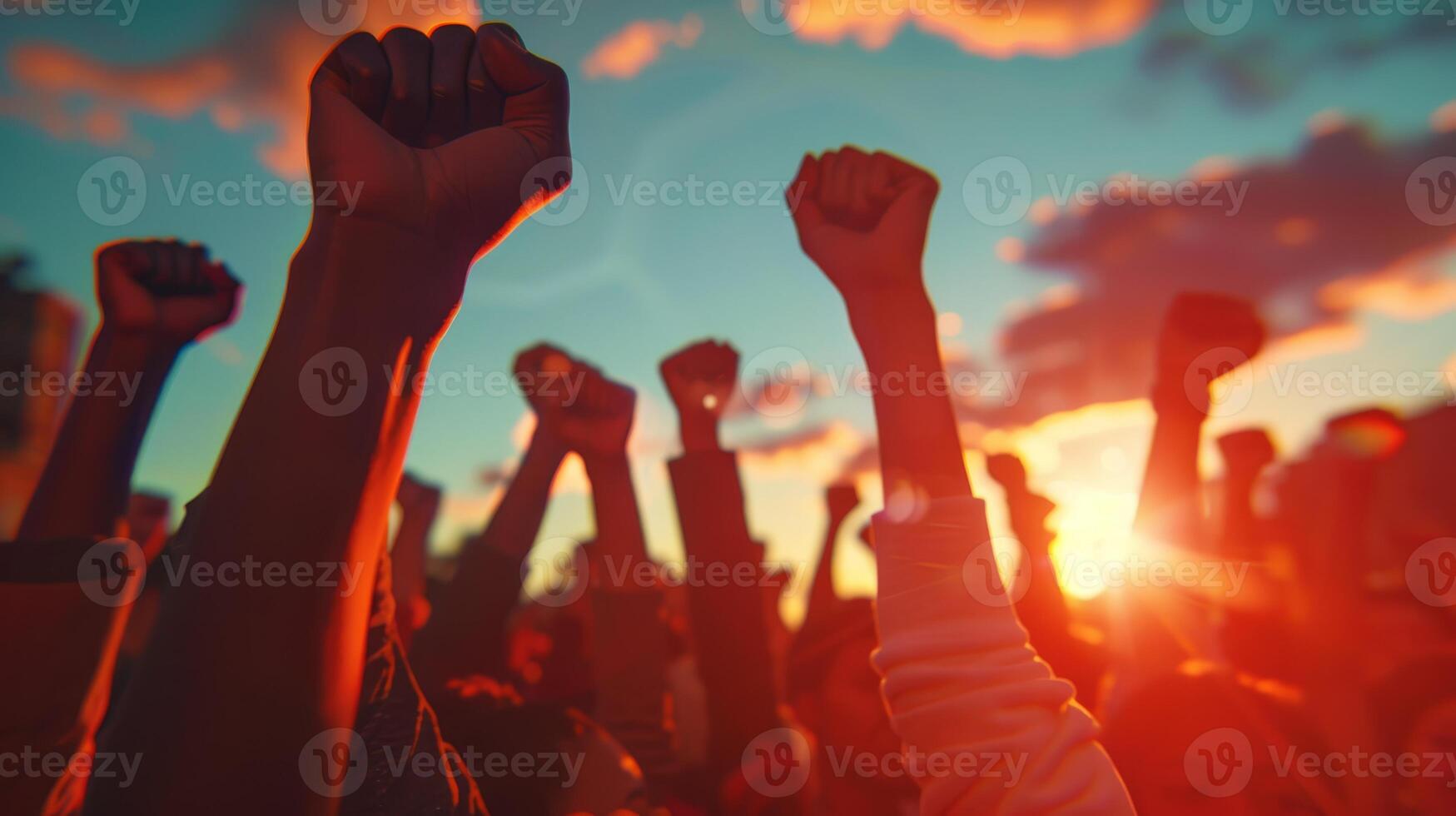 Witnessing a united act of protest, individuals defiantly raise their fists against the powerful setting sun photo