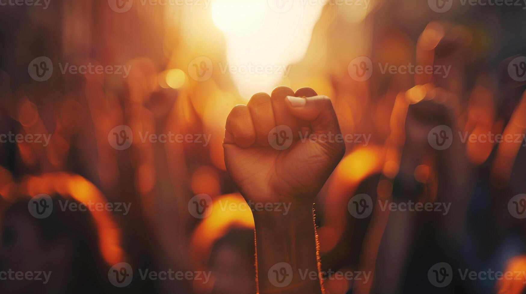 Silhouettes of people with raised fists symbolize unity, resilience, hope, and empowerment in activism photo