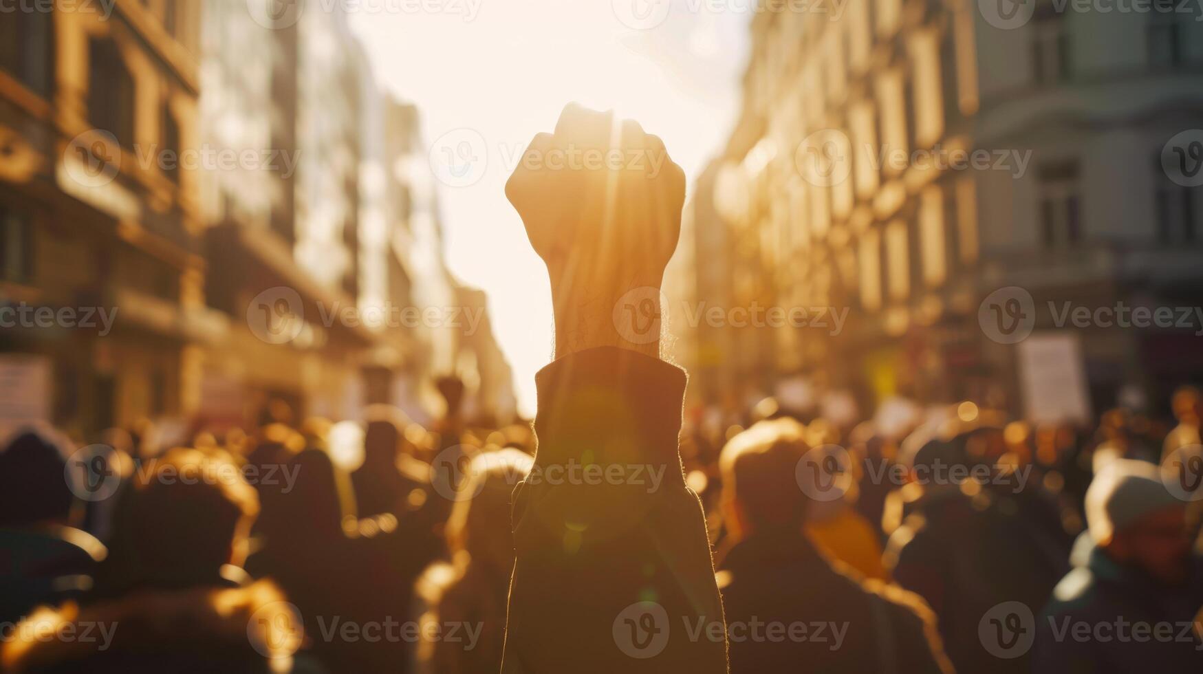 Silhouettes of people with raised fists symbolize unity, resilience, hope, and empowerment in activism photo