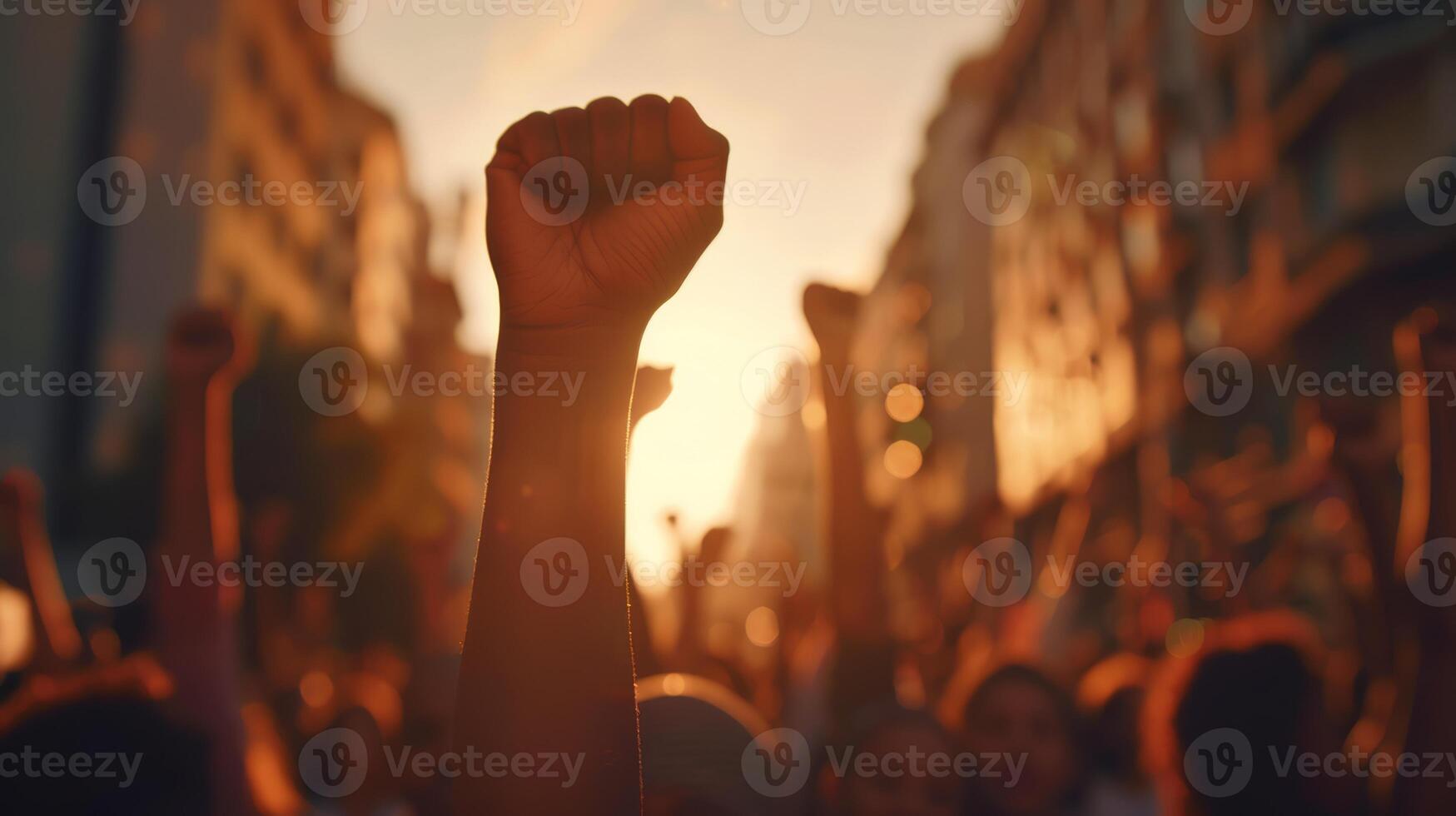 Silhouettes of people with raised fists symbolize unity, resilience, hope, and empowerment in activism photo