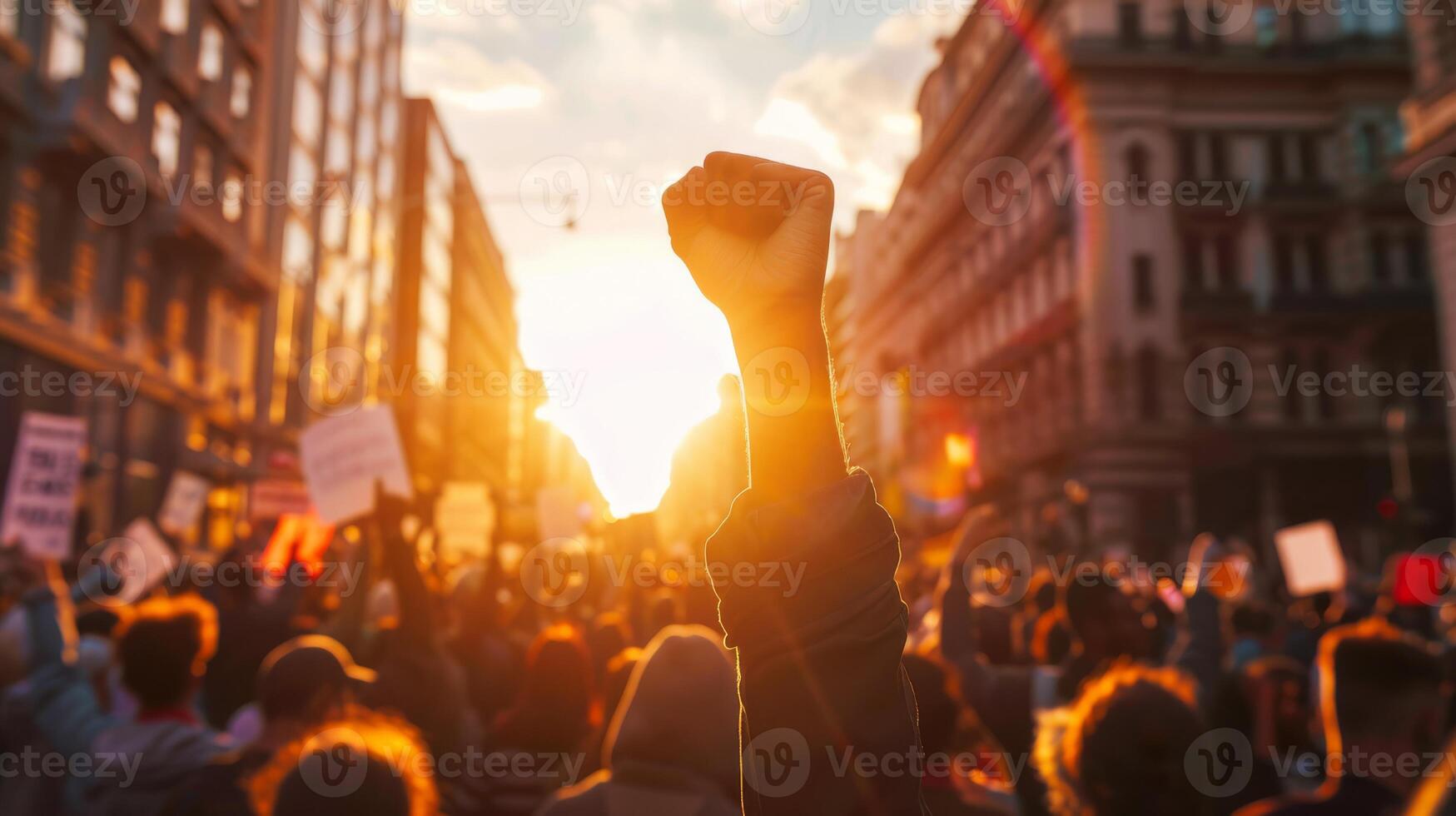 Silhouettes of people with raised fists symbolize unity, resilience, hope, and empowerment in activism photo