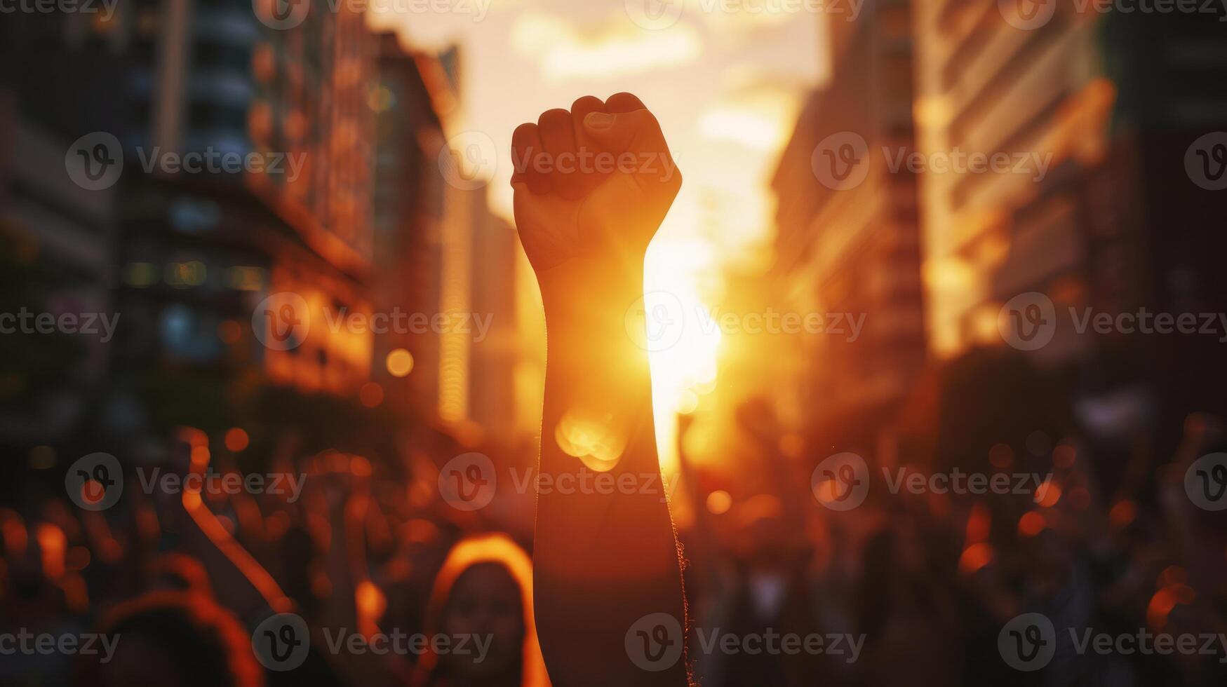 Silhouettes of people with raised fists symbolize unity, resilience, hope, and empowerment in activism photo