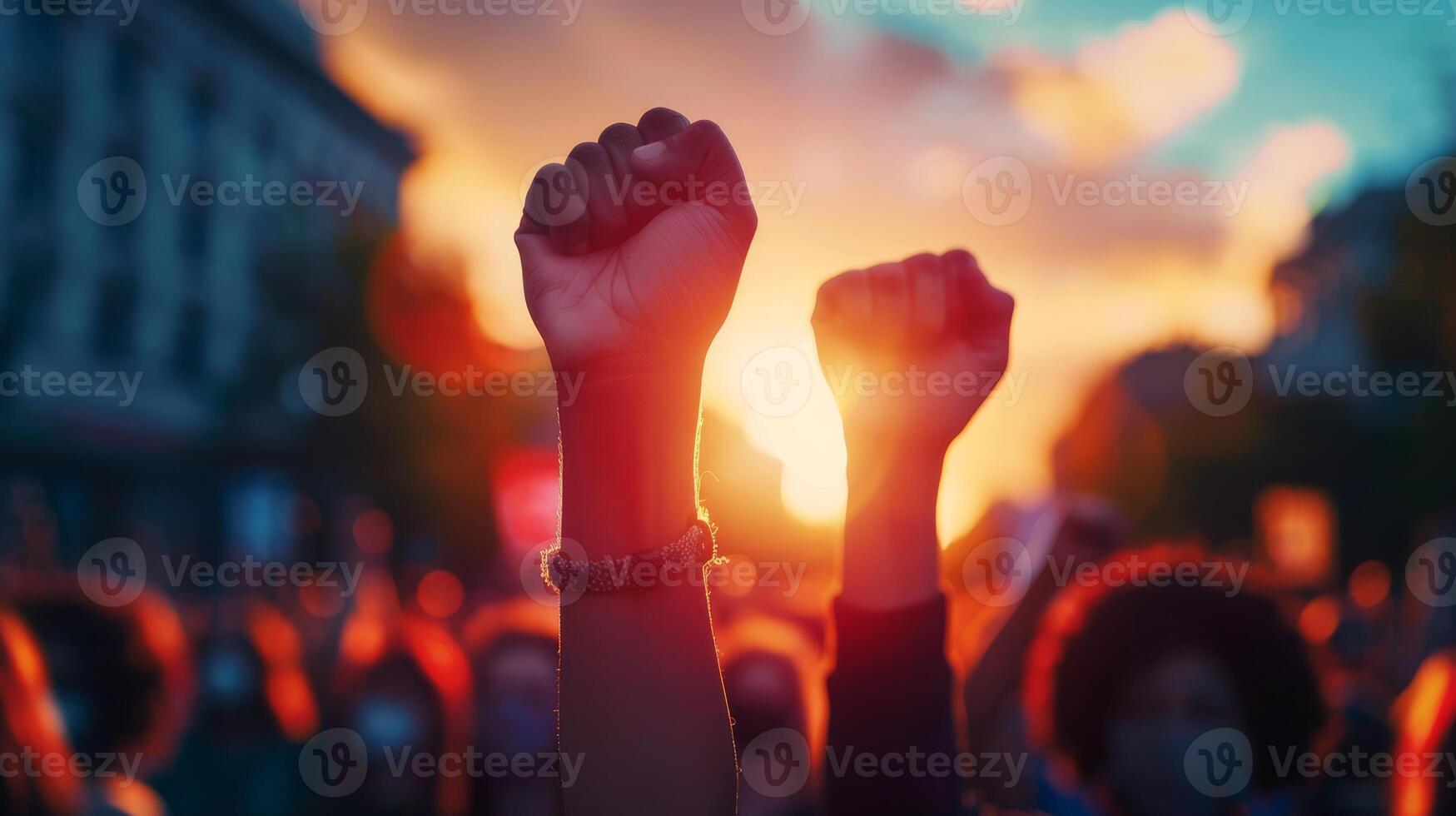 Silhouettes of people with raised fists symbolize unity, resilience, hope, and empowerment in activism photo