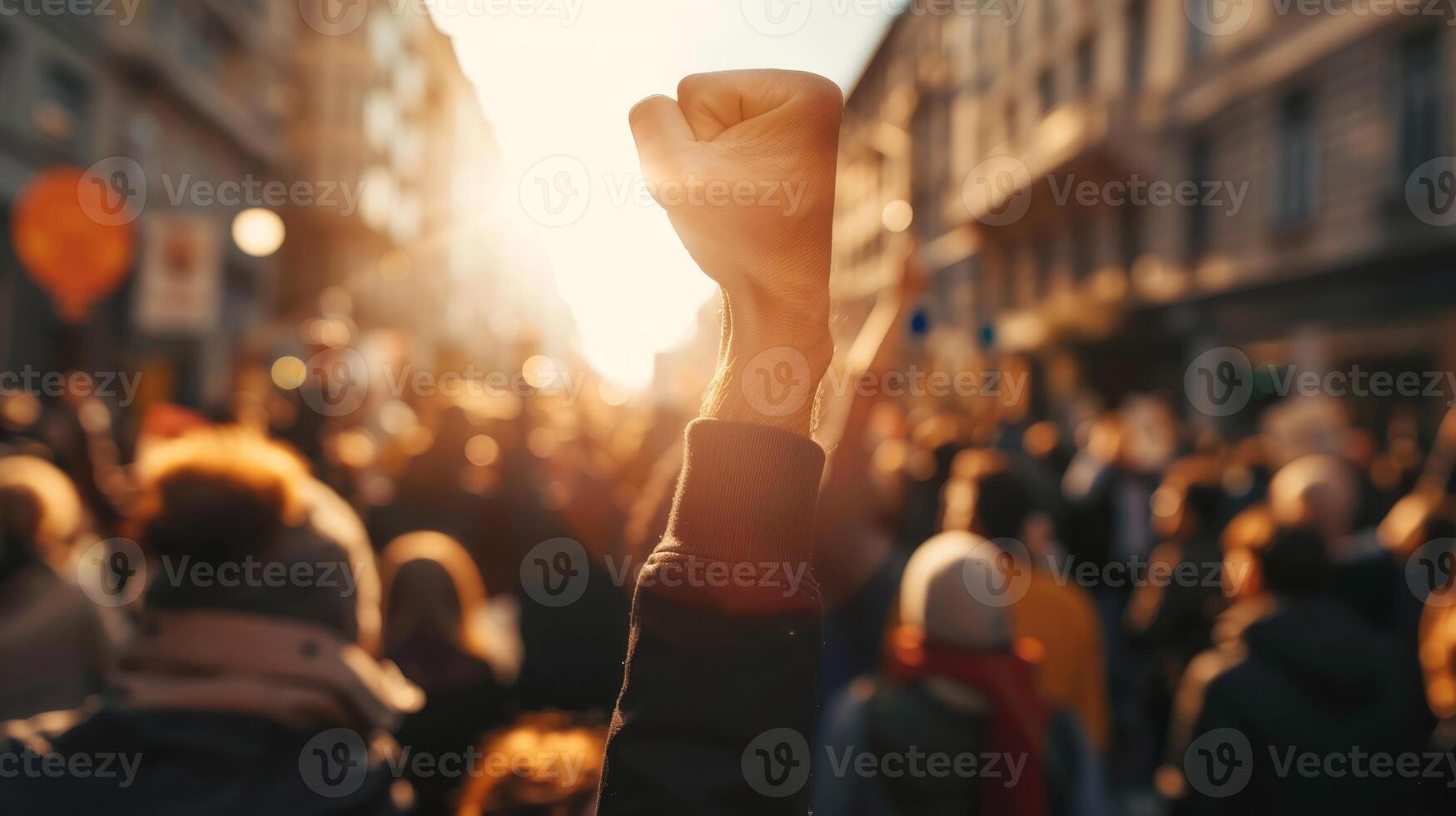 Silhouettes of people with raised fists symbolize unity, resilience, hope, and empowerment in activism photo