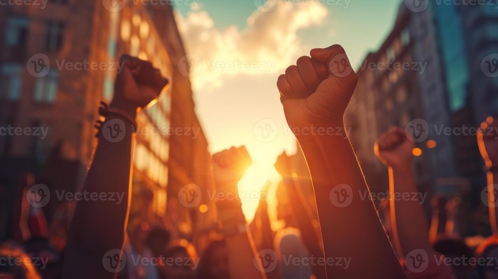 Silhouettes of people with raised fists symbolize unity, resilience, hope, and empowerment in activism photo