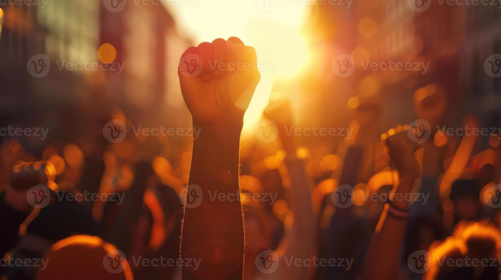 Silhouettes of people with raised fists symbolize unity, resilience, hope, and empowerment in activism photo