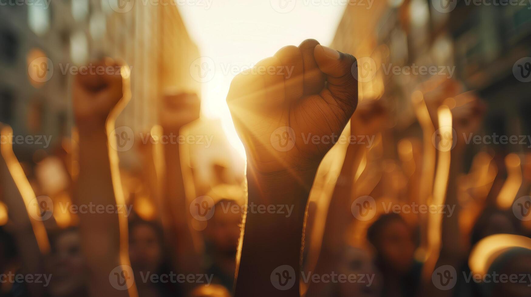 Silhouettes of people with raised fists symbolize unity, resilience, hope, and empowerment in activism photo