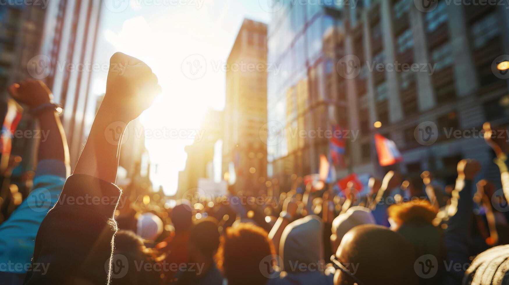 Silhouettes of people with raised fists symbolize unity, resilience, hope, and empowerment in activism photo