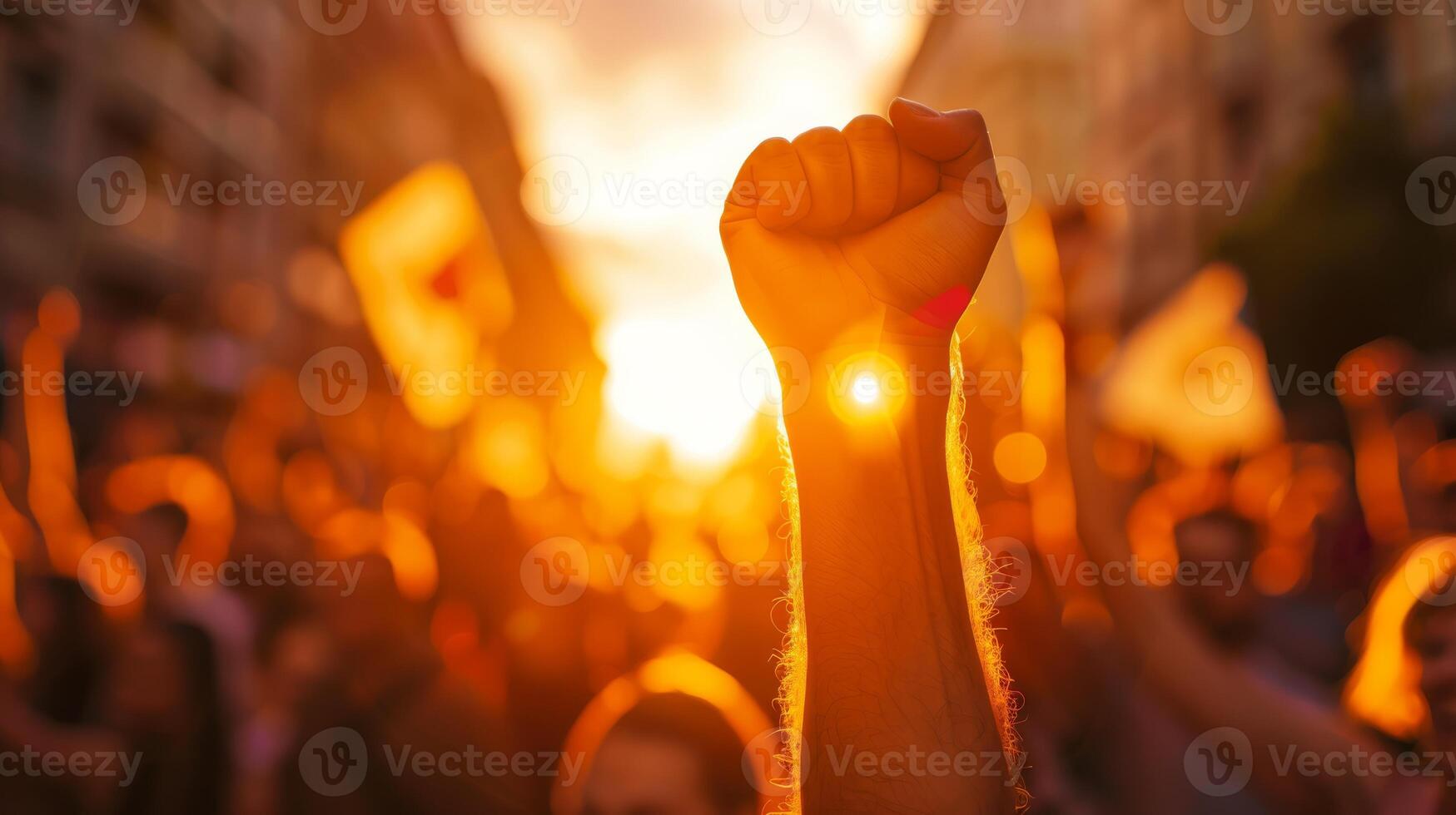 Inspiring image of a crowd with a raised fist against a dramatic sunset backdrop, symbolizing solidarity. photo