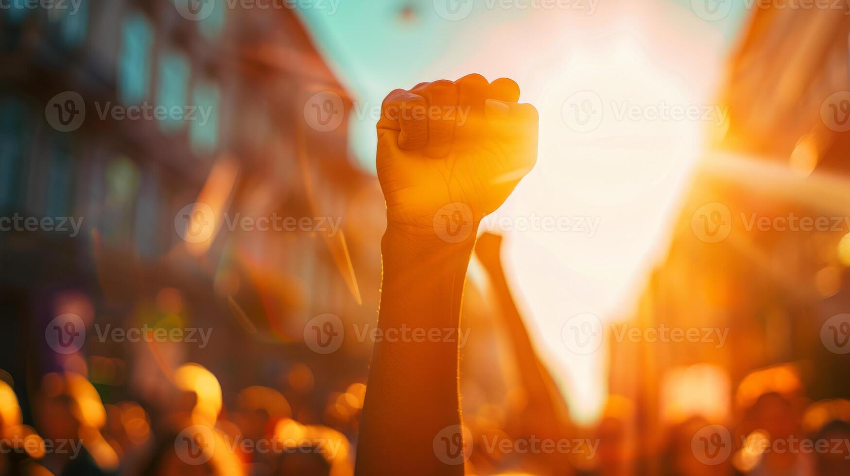 Silhouettes of people with raised fists symbolize unity, resilience, hope, and empowerment in activism photo