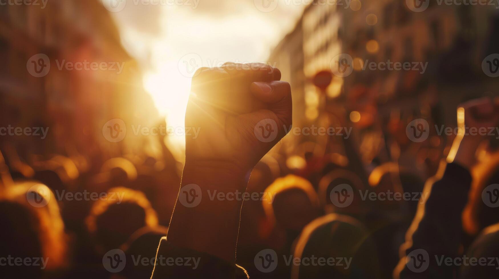 Silhouettes of people with raised fists symbolize unity, resilience, hope, and empowerment in activism photo