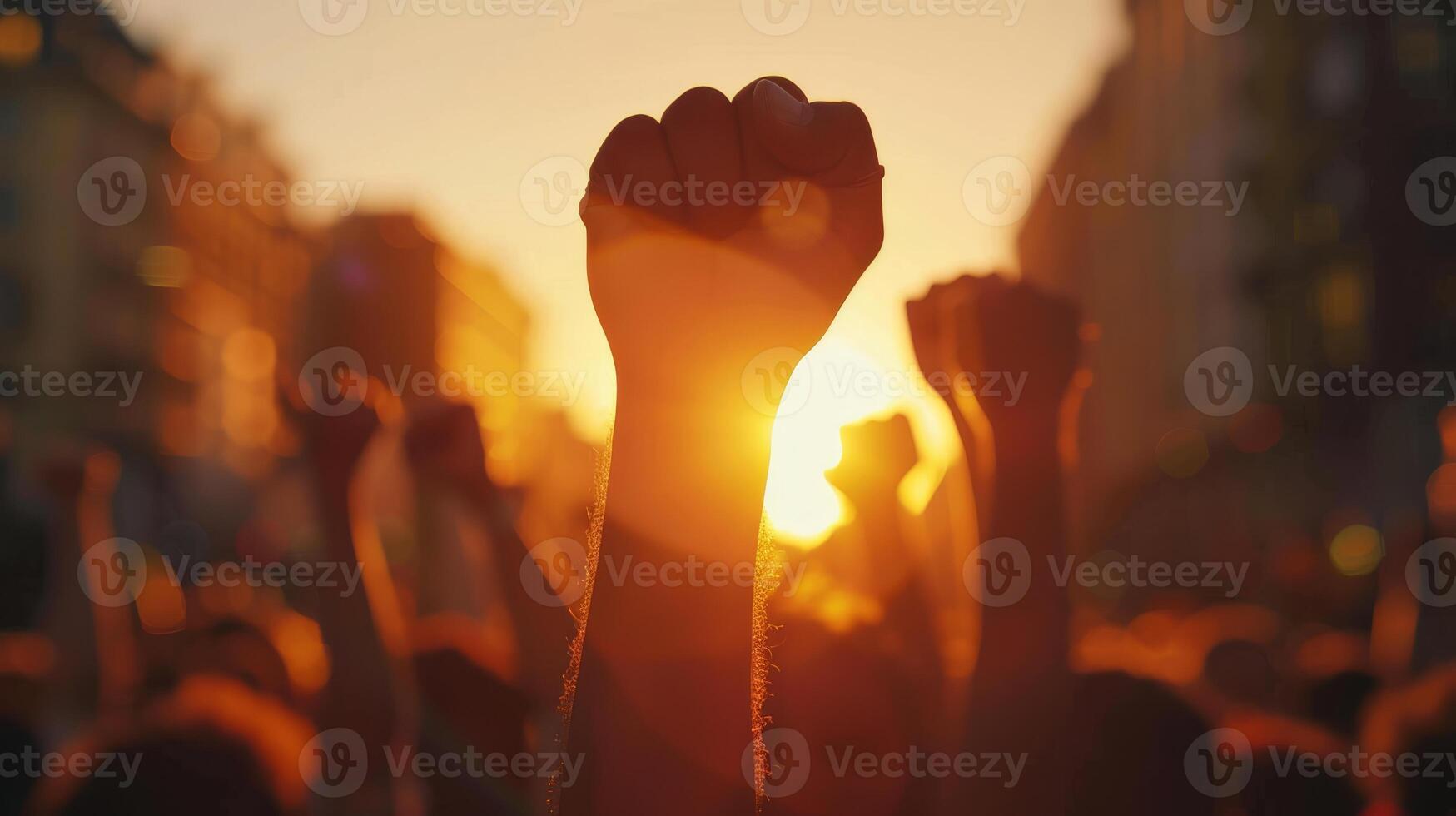 Silhouettes of people with raised fists symbolize unity, resilience, hope, and empowerment in activism photo