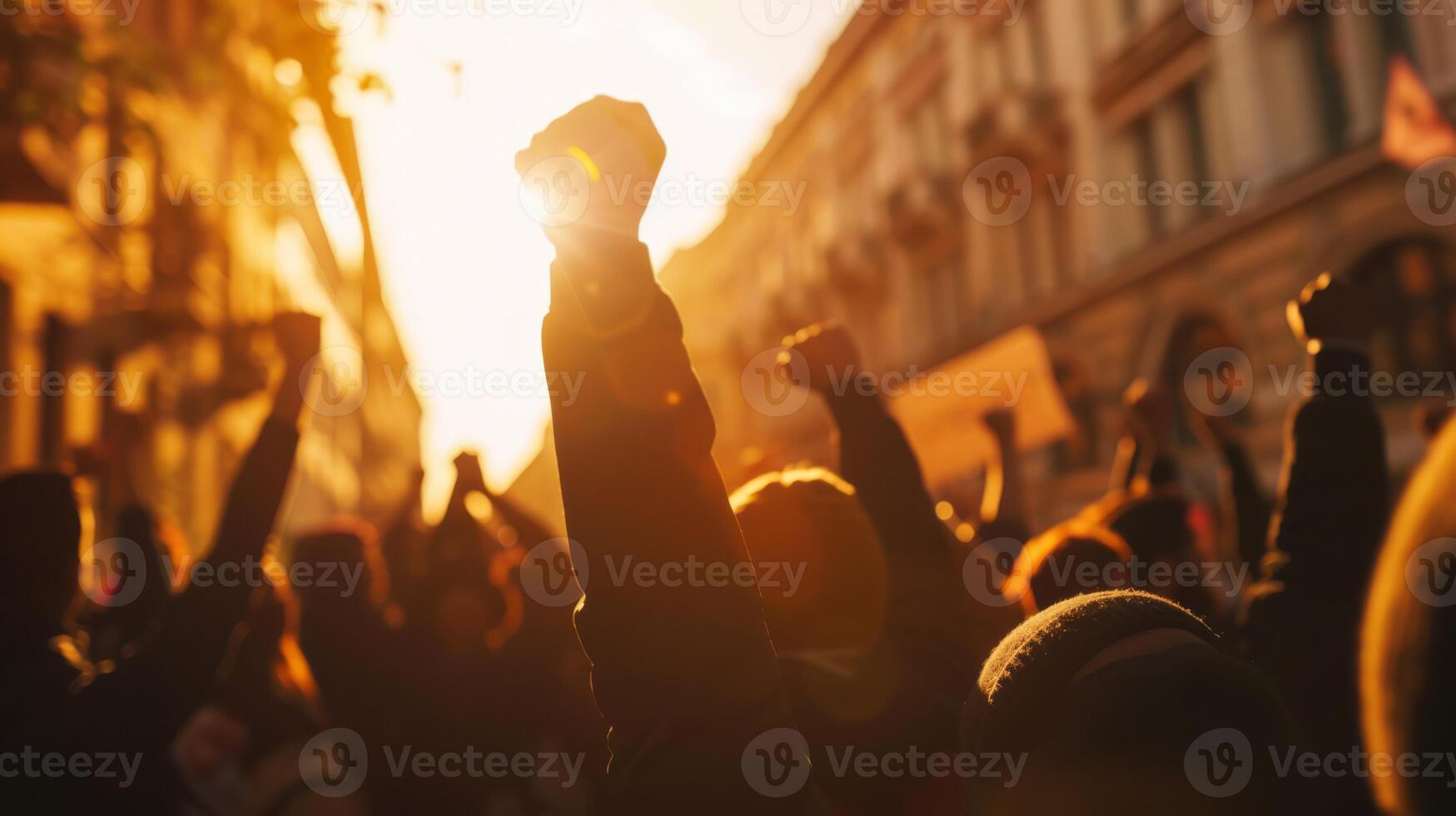 Silhouettes of people with raised fists symbolize unity, resilience, hope, and empowerment in activism photo