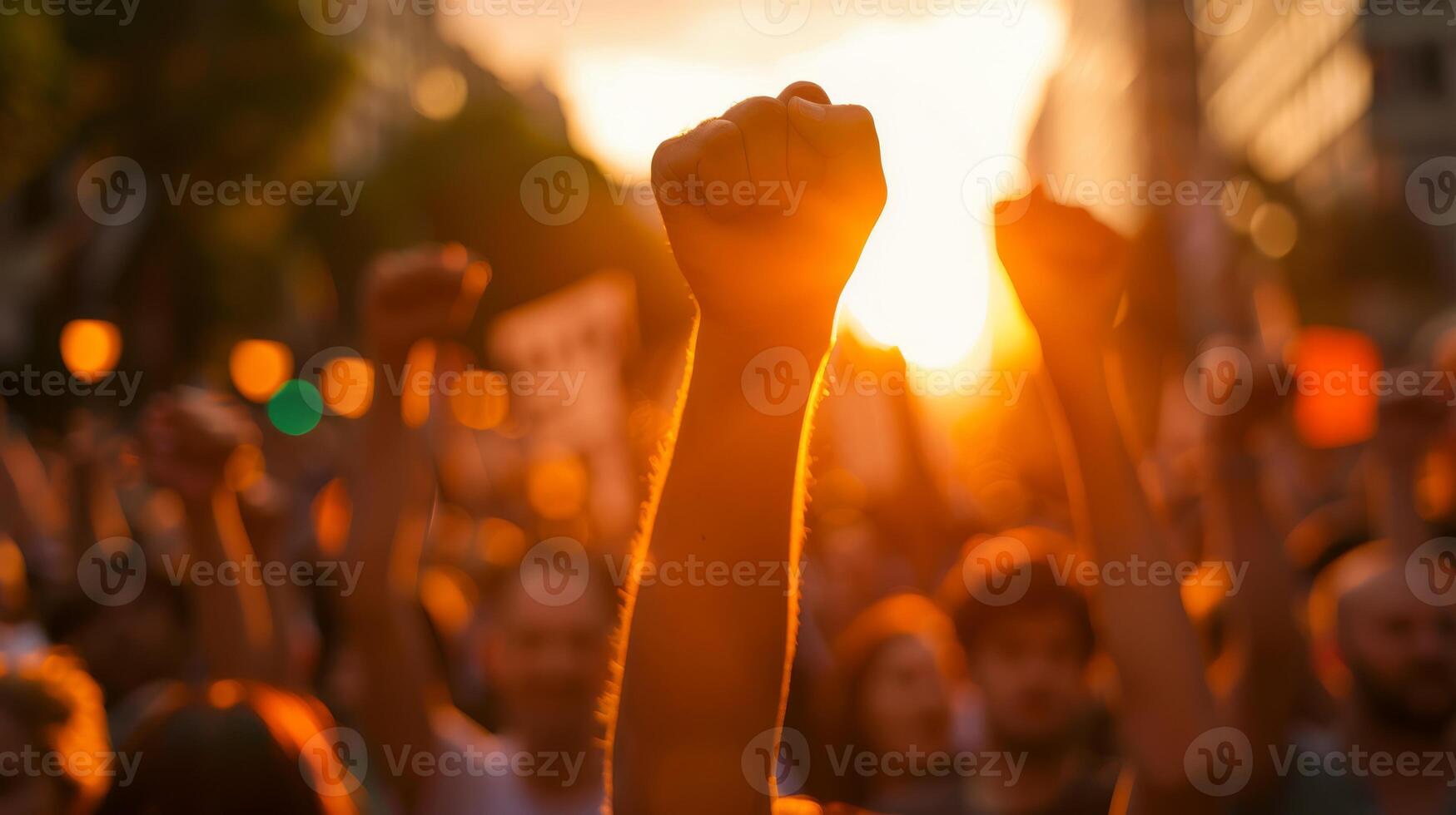 Silhouettes of people with raised fists symbolize unity, resilience, hope, and empowerment in activism photo