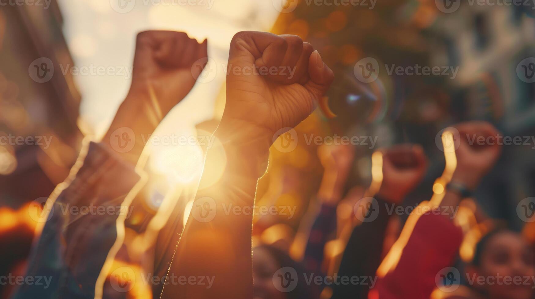 Silhouettes of people with raised fists symbolize unity, resilience, hope, and empowerment in activism photo