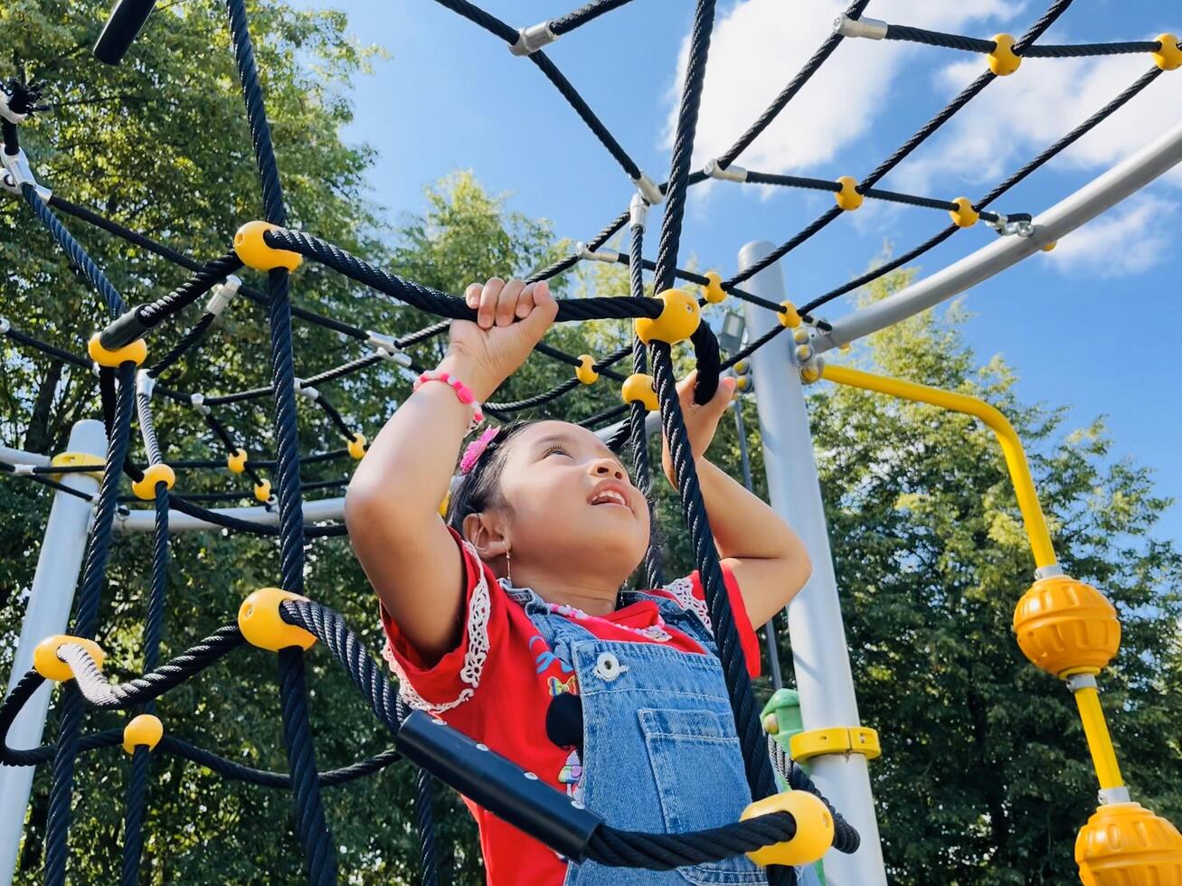 Cute Asian preschooler girl having fun on outdoor playground. Spring summer autumn active sport leisure for child. Activity for family with children. Equipment of entertainment park for kids. photo
