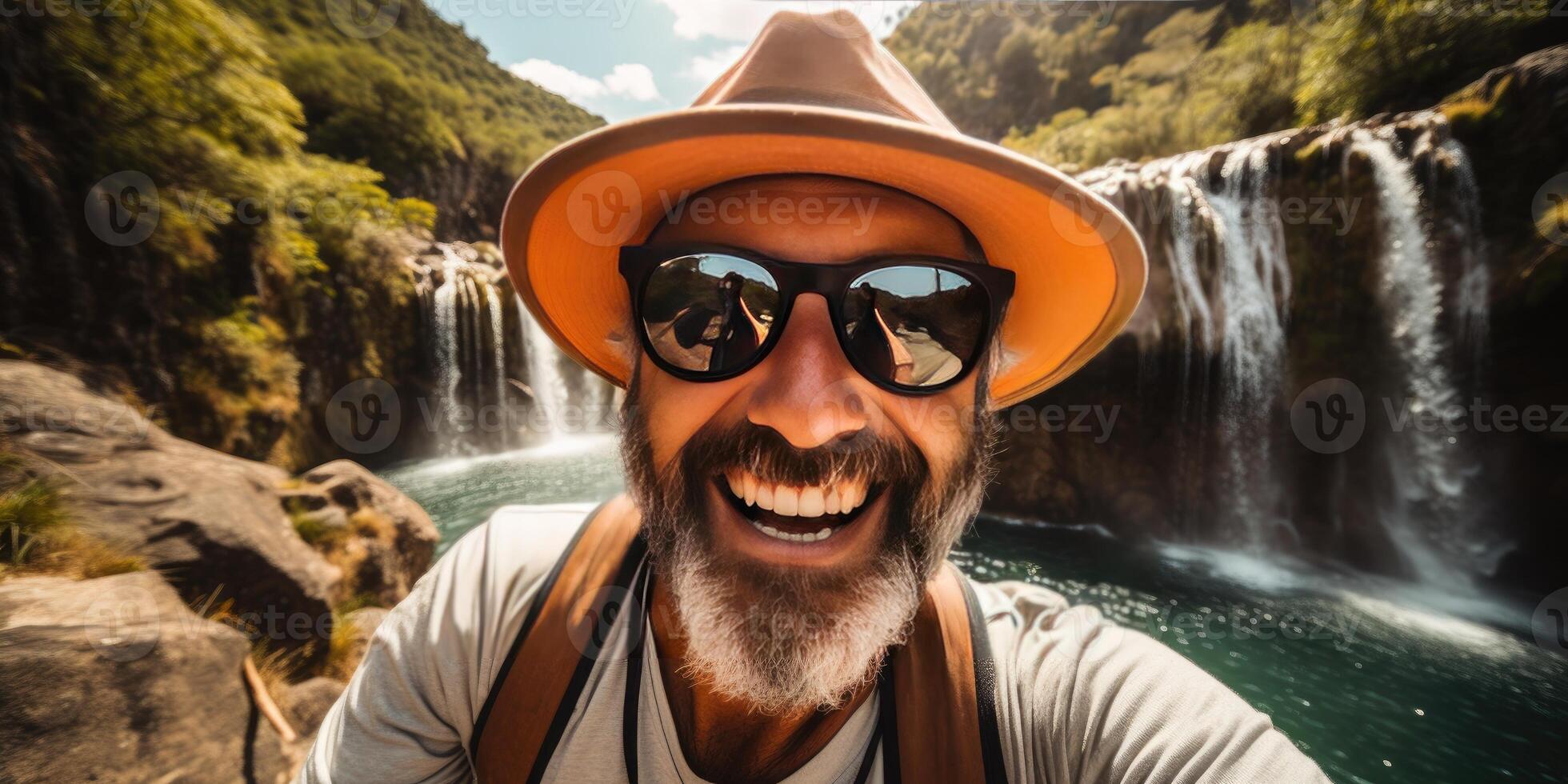 old man in a hat takes a selfie in nature. Travel theme. photo